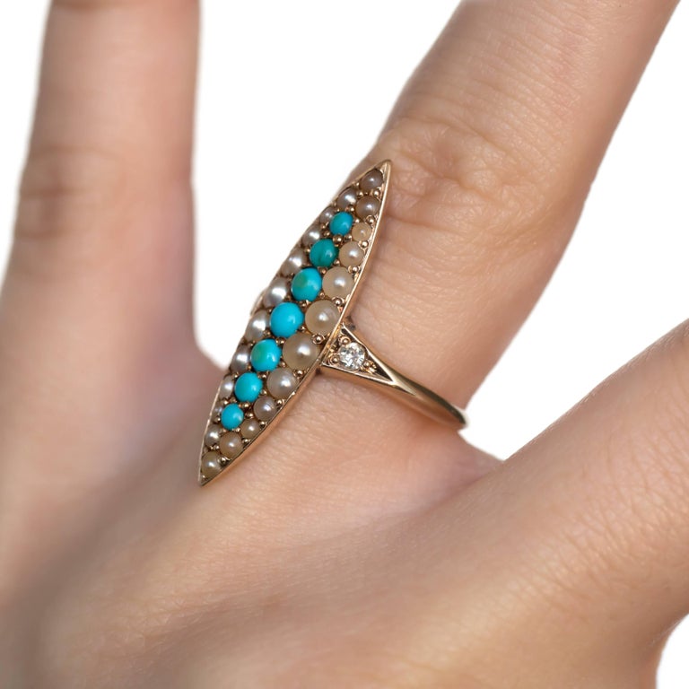 Antique Turquoise Pearl Diamond Gold Engagement Ring For Sale at