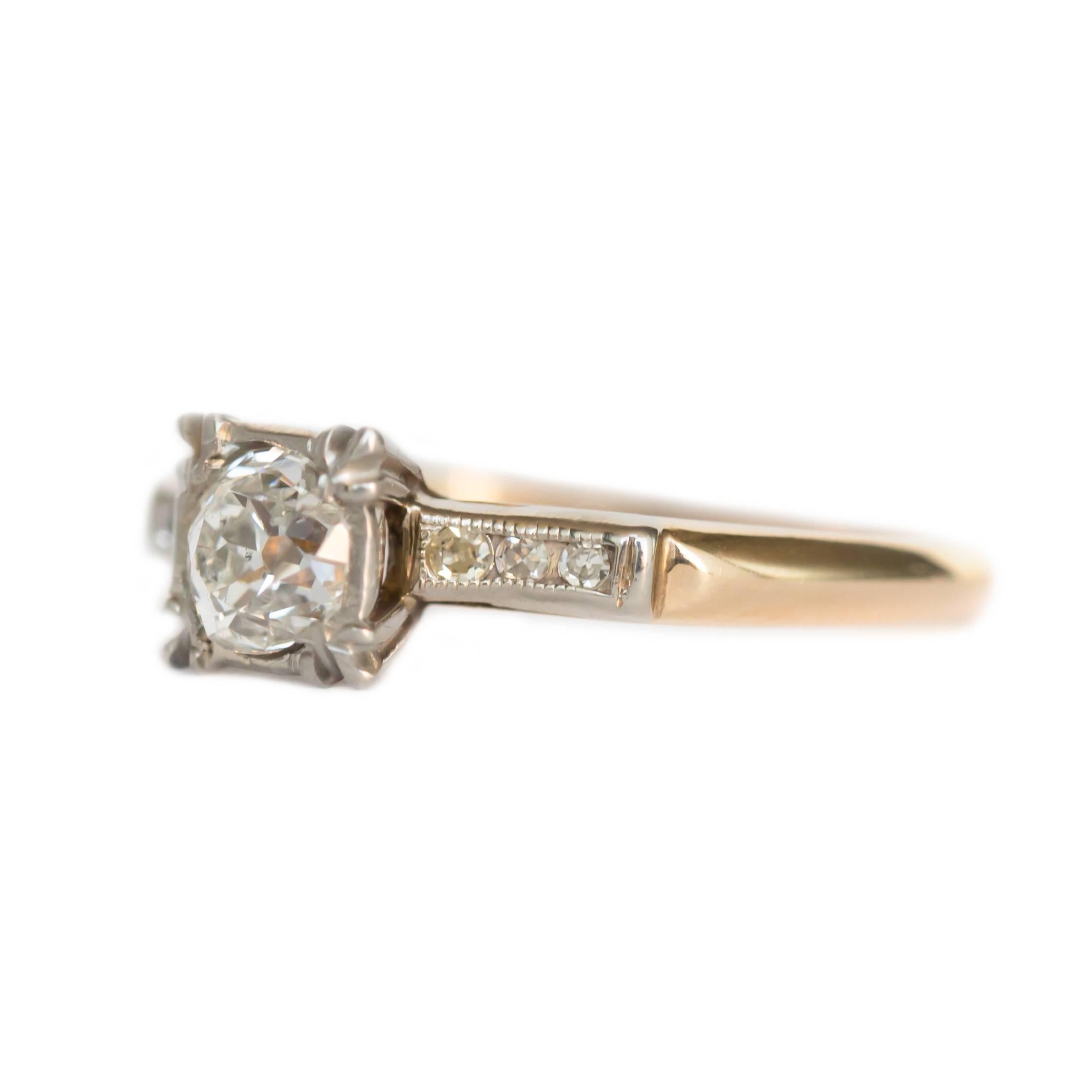 Item Details: 
Ring Size: 7
Metal Type: 14 Karat Yellow Gold
Weight: 2.3 grams

Center Diamond Details
GIA CERTIFIED Center Diamond - Certificate # [2181880138 ]
Shape: Old Mine Brilliant
Carat Weight: 0.58 carat
Color: I
Clarity: SI2

Side Stone