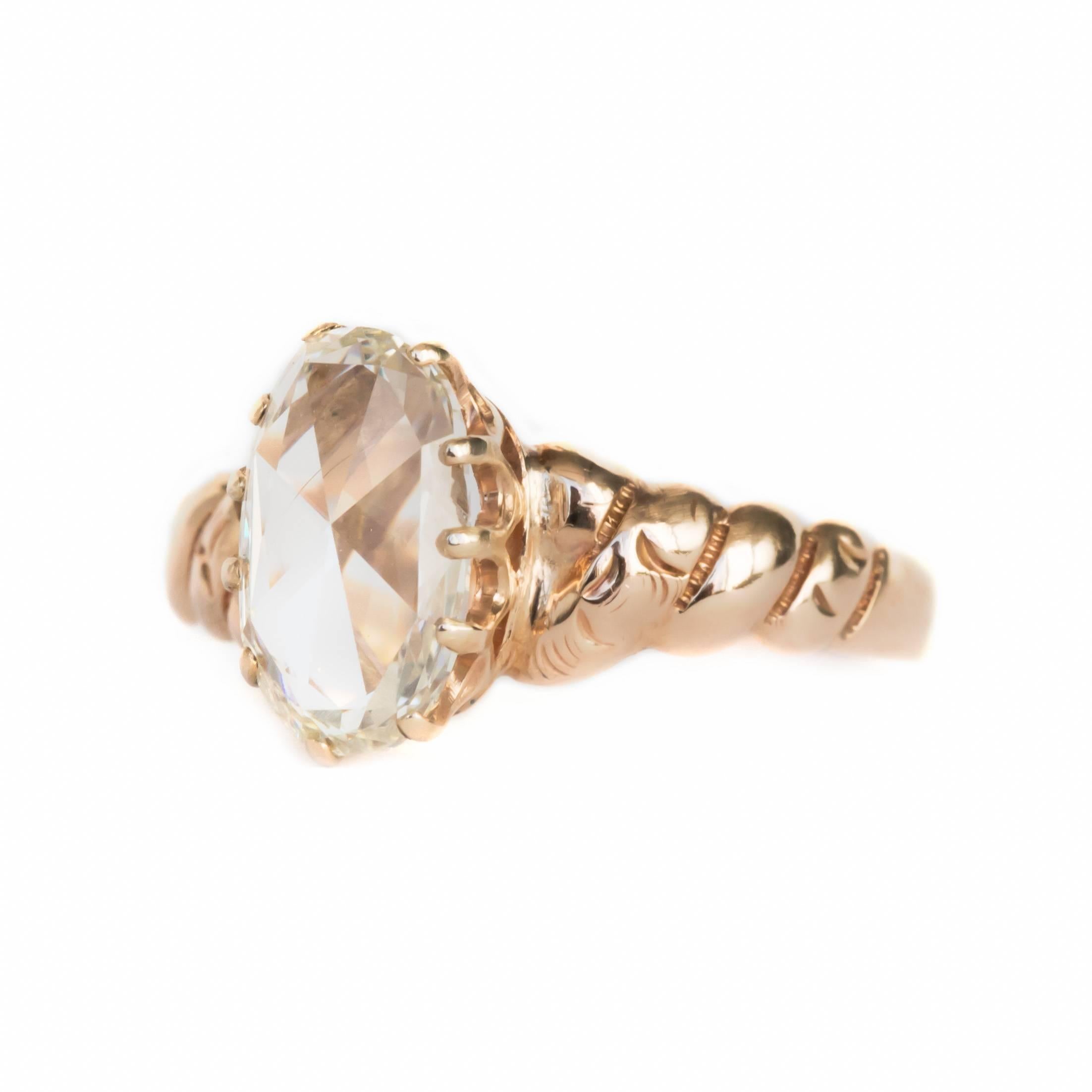Item Details: 
Ring Size: Approximately 4.10
Metal Type: 9 Karat Yellow Gold
Weight: 1.4 grams

Center Diamond Details:
Shape: Oval Rose Cut
Carat Weight: 1.00 carat
Color: J
Clarity: VS2


Finger to Top of Stone Measurement: 4.42mm