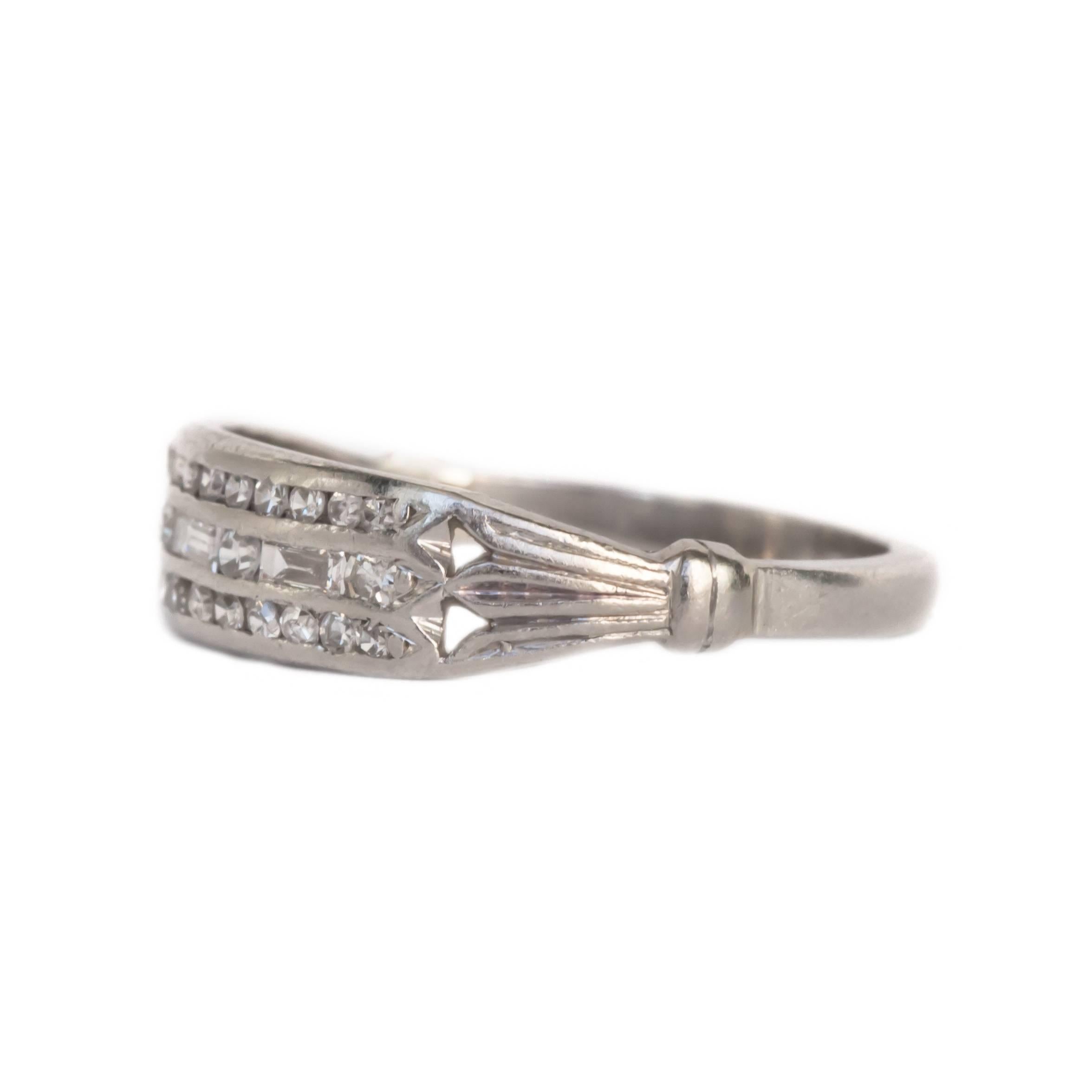 Item Details: 
Ring Size: 5.50
Metal Type: Platinum
Weight: 2.4 grams

Diamond Details:
Shape: Antique Single Cut & Antique Straight Baguette
Carat Weight: .35 carat, total weight
Color: F-G
Clarity: VS1

Finger to Top of Stone Measurement: 1.19mm