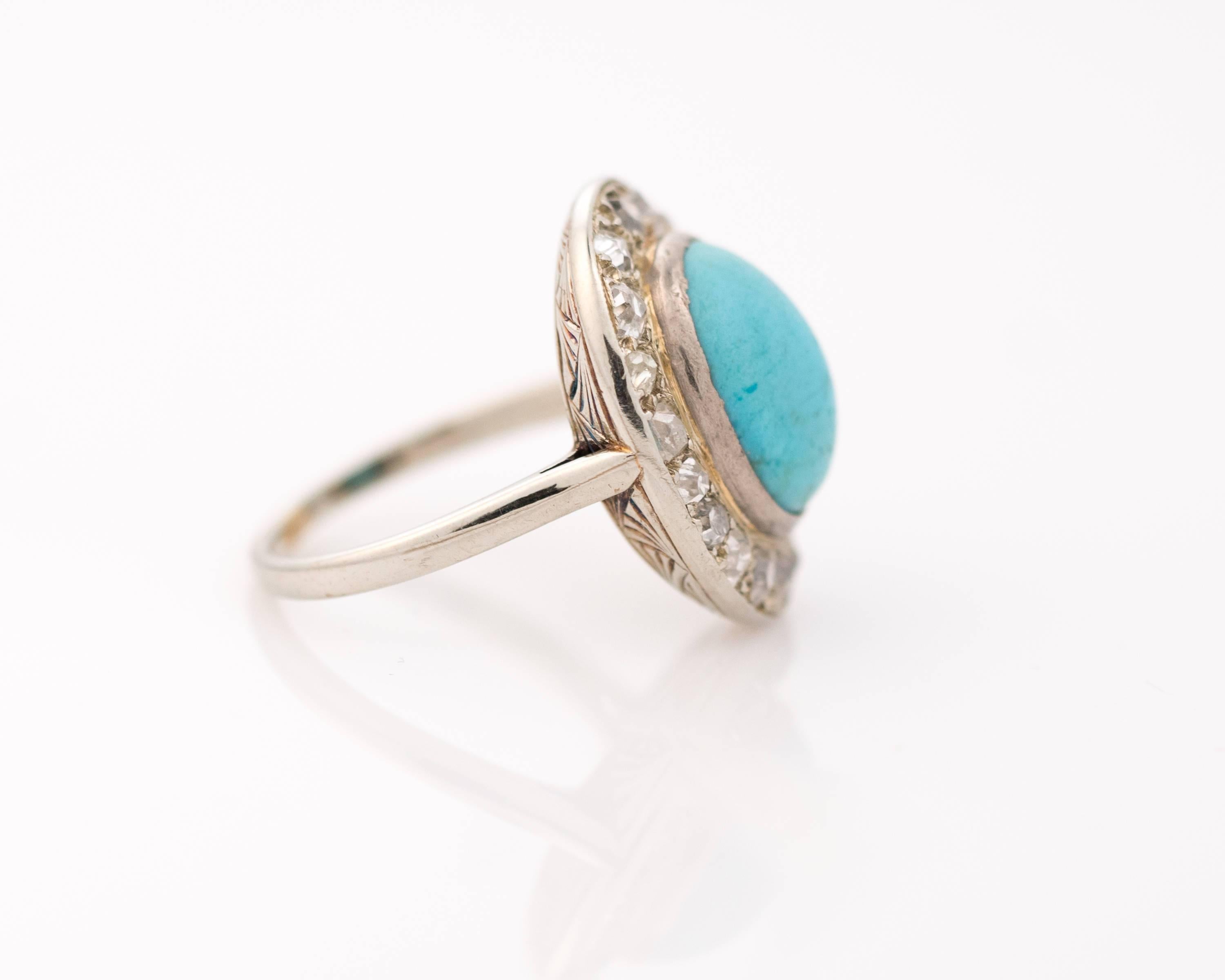 1930s Diamond and Turquoise 14 Karat White Gold Halo Ring 1