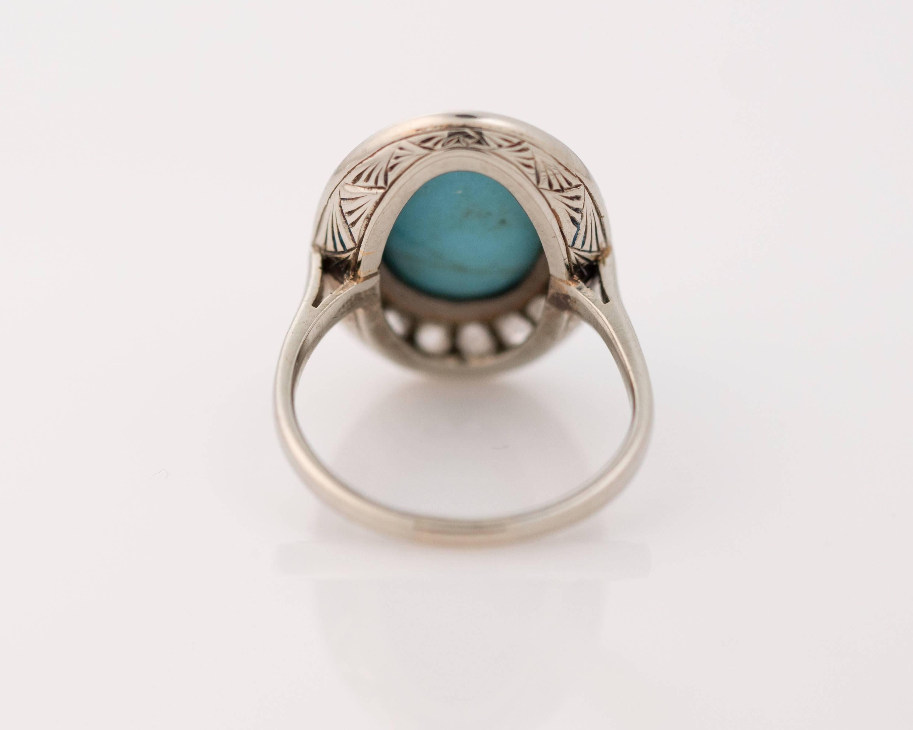 Women's 1930s Diamond and Turquoise 14 Karat White Gold Halo Ring