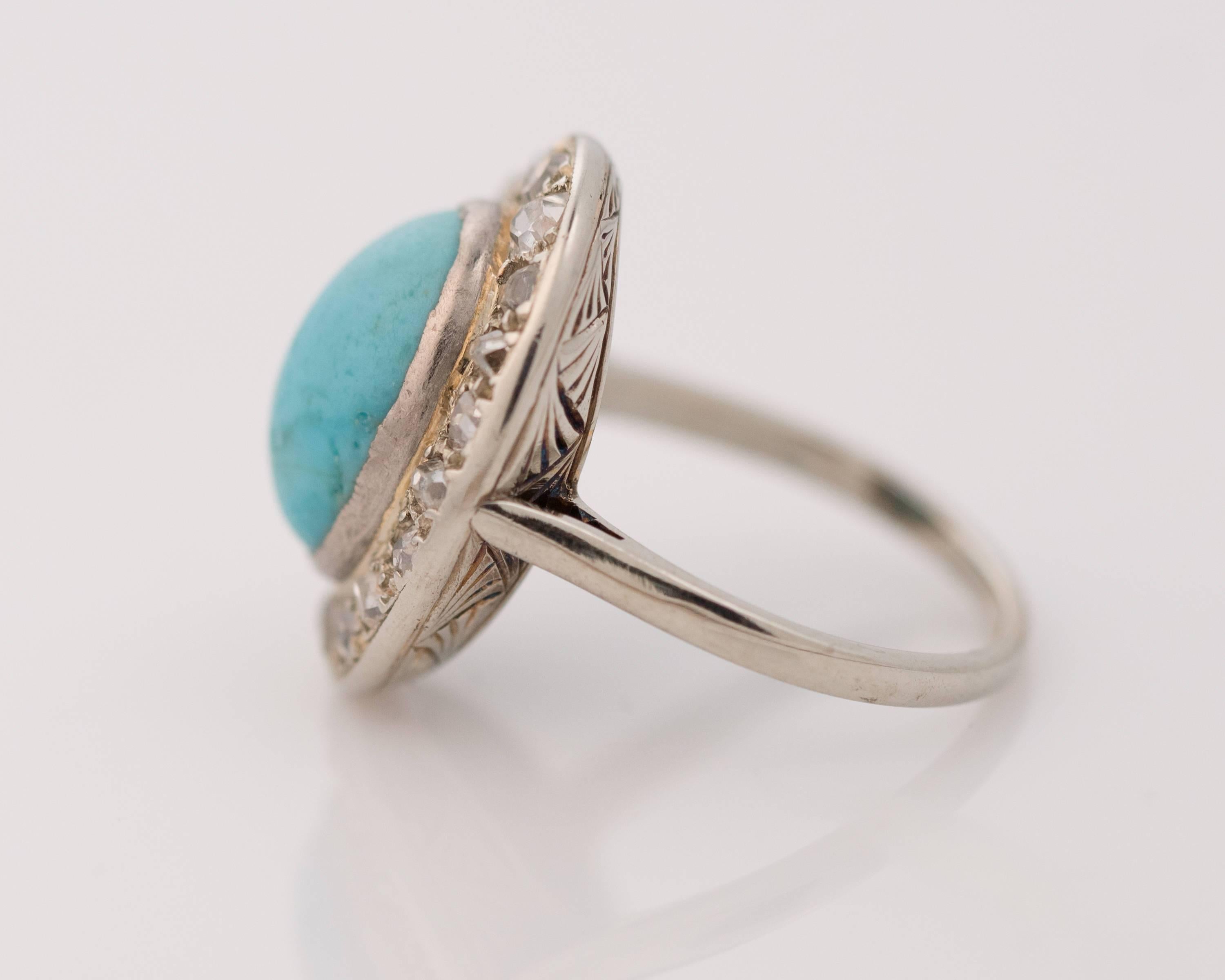 1930s Diamond and Turquoise 14 Karat White Gold Halo Ring In Good Condition In Atlanta, GA