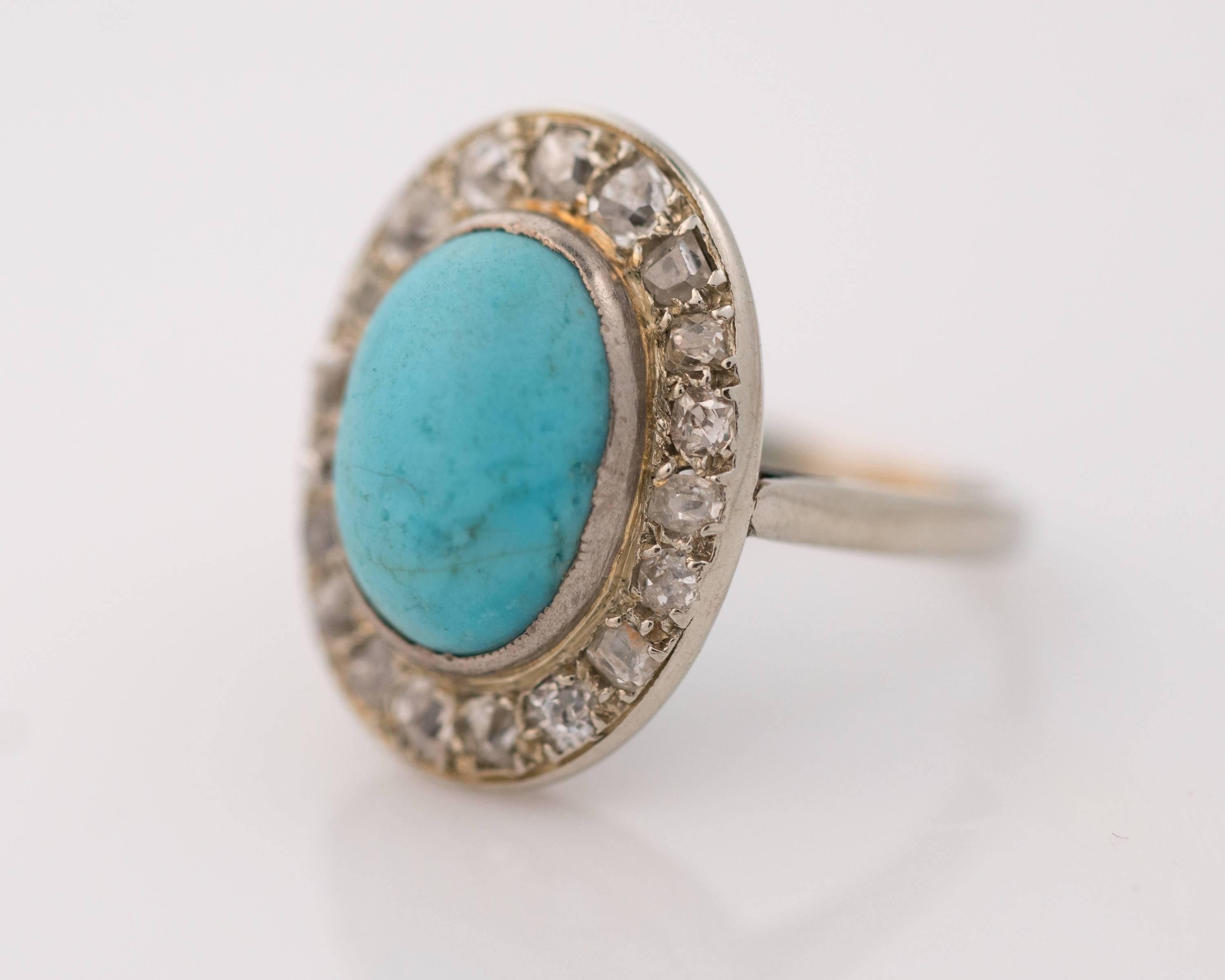 Art Deco 1930s Diamond and Turquoise 14 Karat White Gold Halo Ring