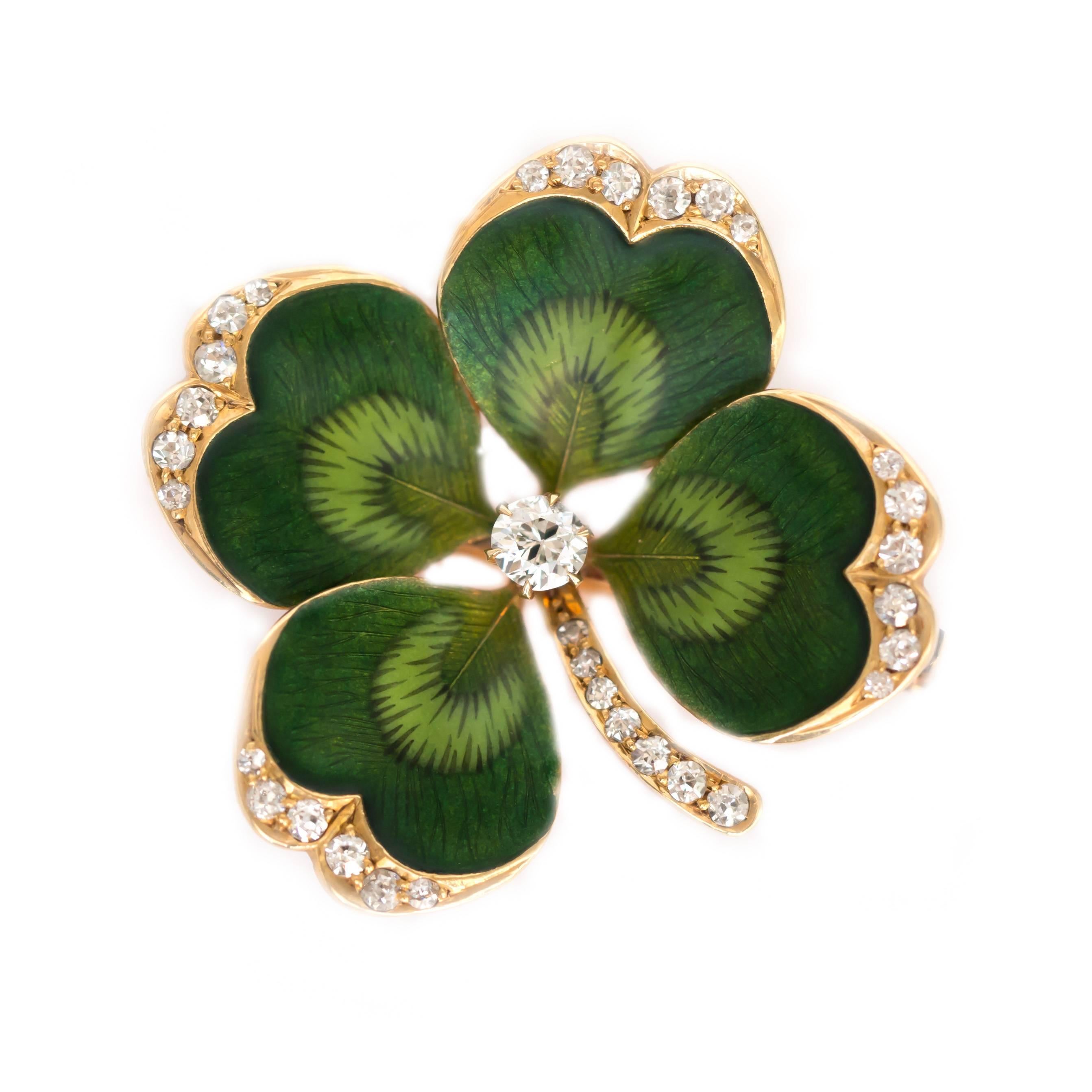 1910 Edwardian 4 Leaf Clover Brooch with Diamonds, Yellow Gold, Enamel