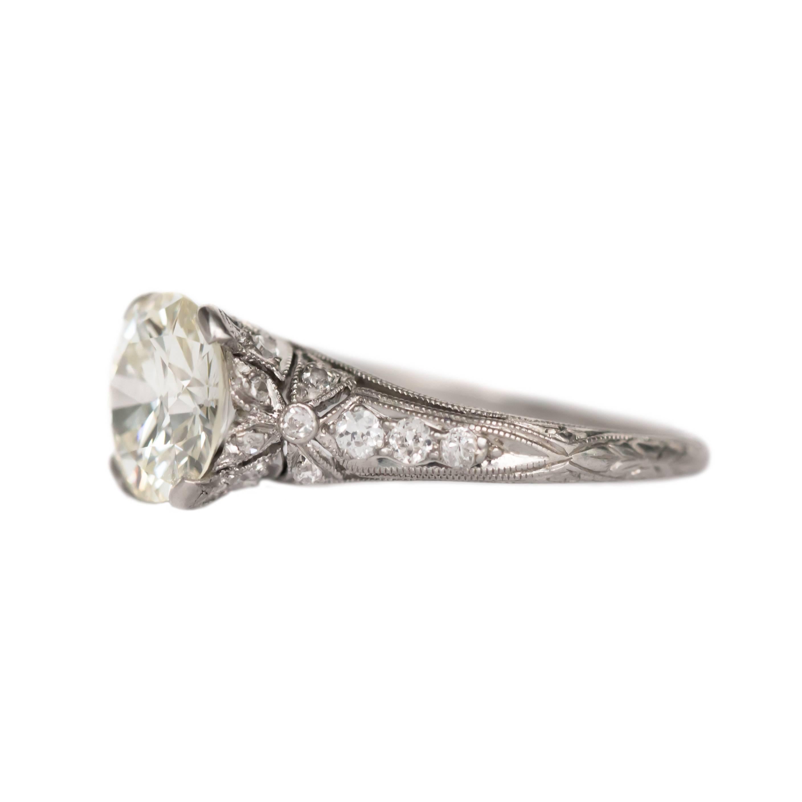 Ring Size: 5.75
Metal Type: Platinum
Weight: 3.3 grams

Center Diamond Details
Shape: Old European
Carat Weight: 1.58 carat
Color: L
Clarity: VS1

Side Stone Details: 
Shape: Antique Single Cut
Total Carat Weight: .20 carat, total weight
Color: