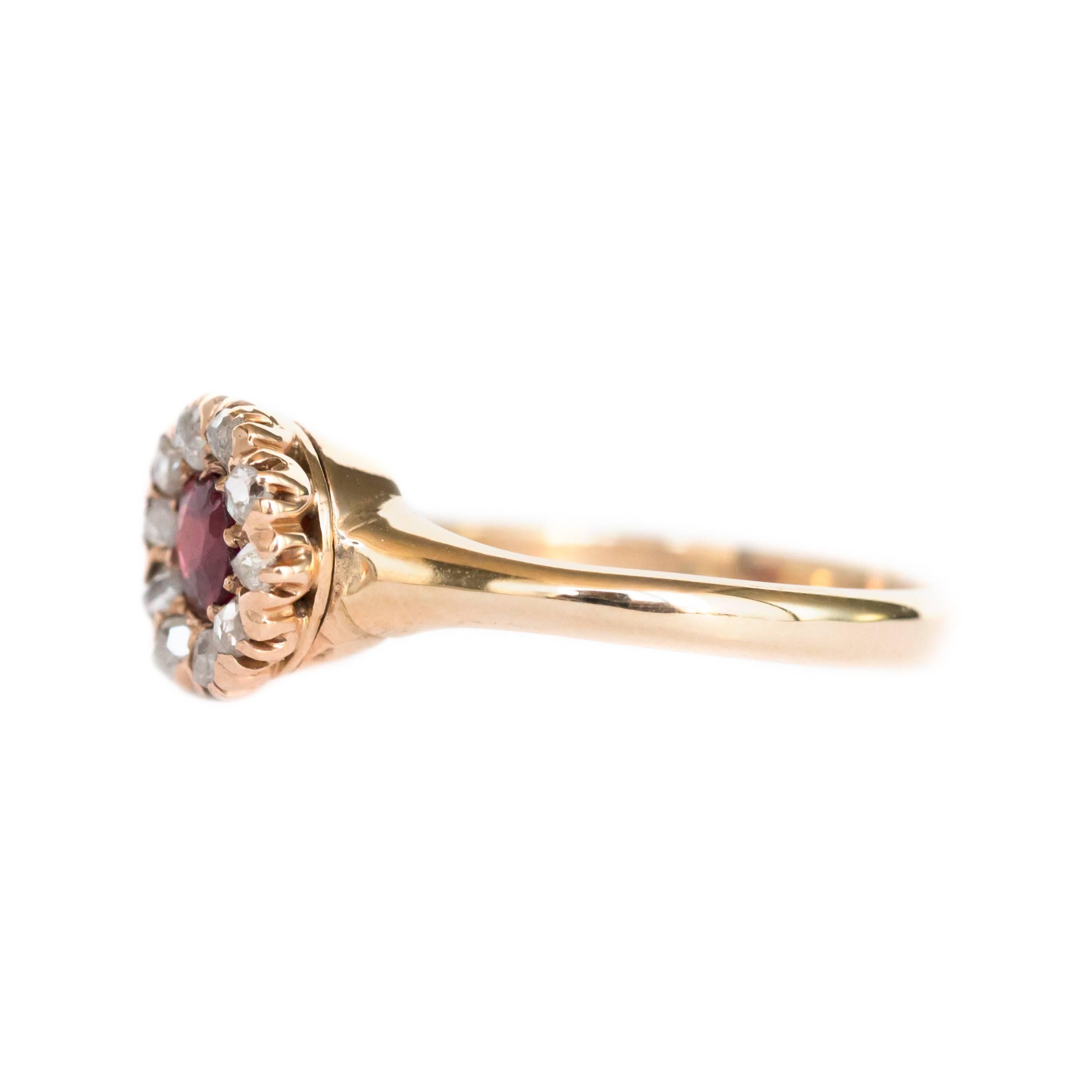 Item Details: 
Ring Size: 6
Metal Type: 14 Karat Yellow Gold (Rosey Undertone)
Weight: 2.4 grams

Side Stone Details: 
Shape: Rose Cut Diamonds 
Total Carat Weight: .10 carat, total weight
Color: G-H Color
Clarity: SI Clarity 

Color Stone Details: