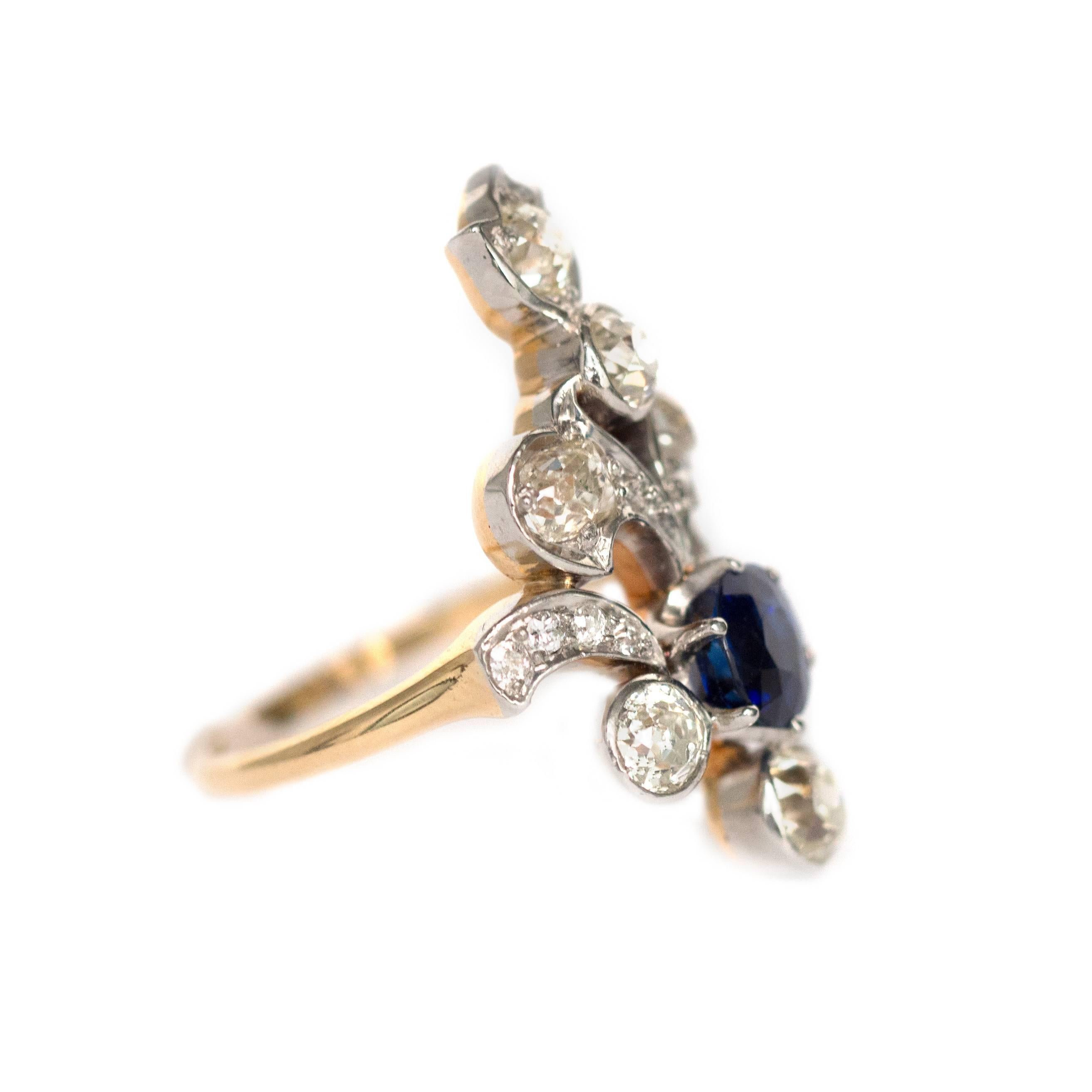 Victorian AGL Certified Sapphire and Diamond Yellow Gold and Platinum Cocktail Ring For Sale