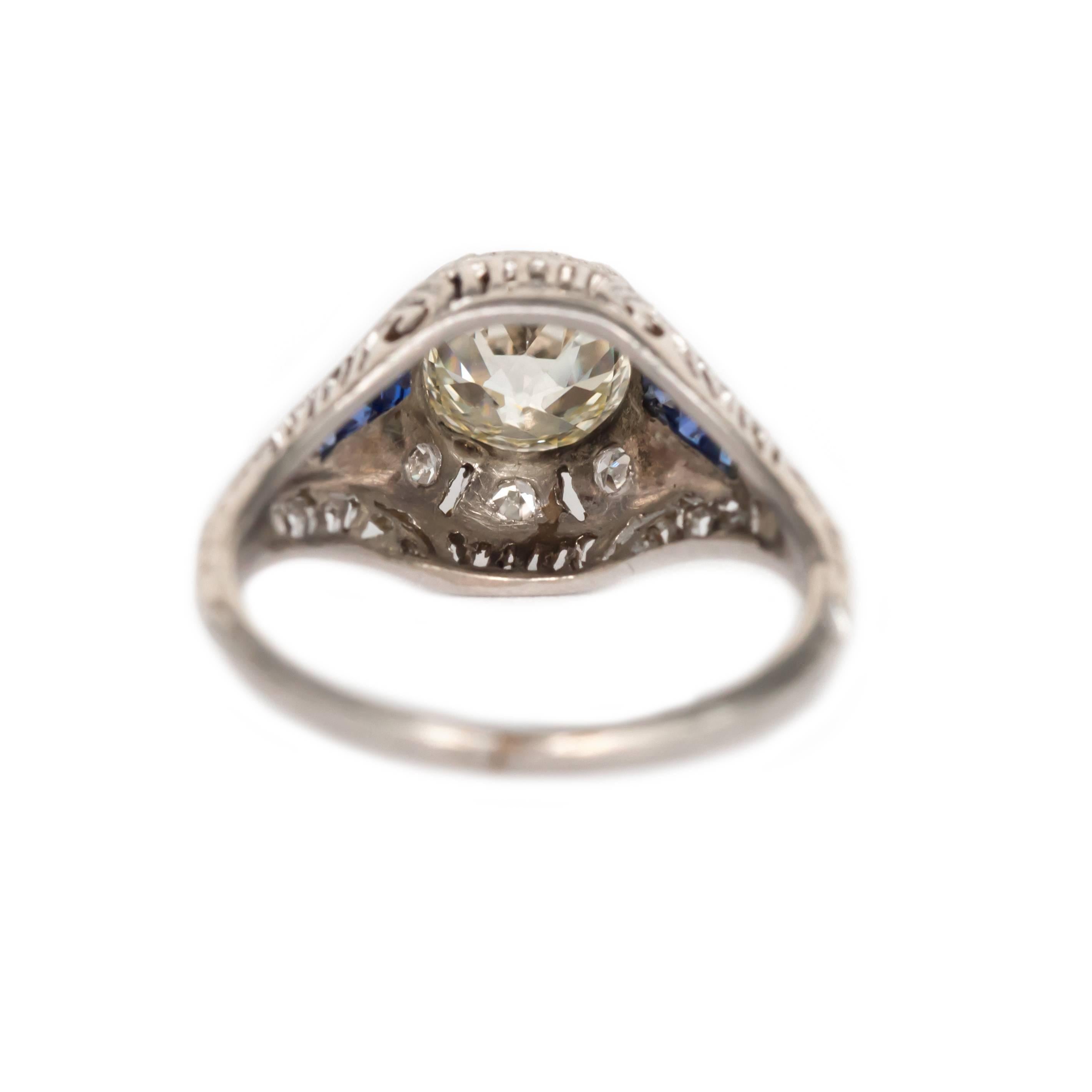 Art Deco 1.24 Carat Diamond and Sapphire Platinum Engagement Ring For Sale