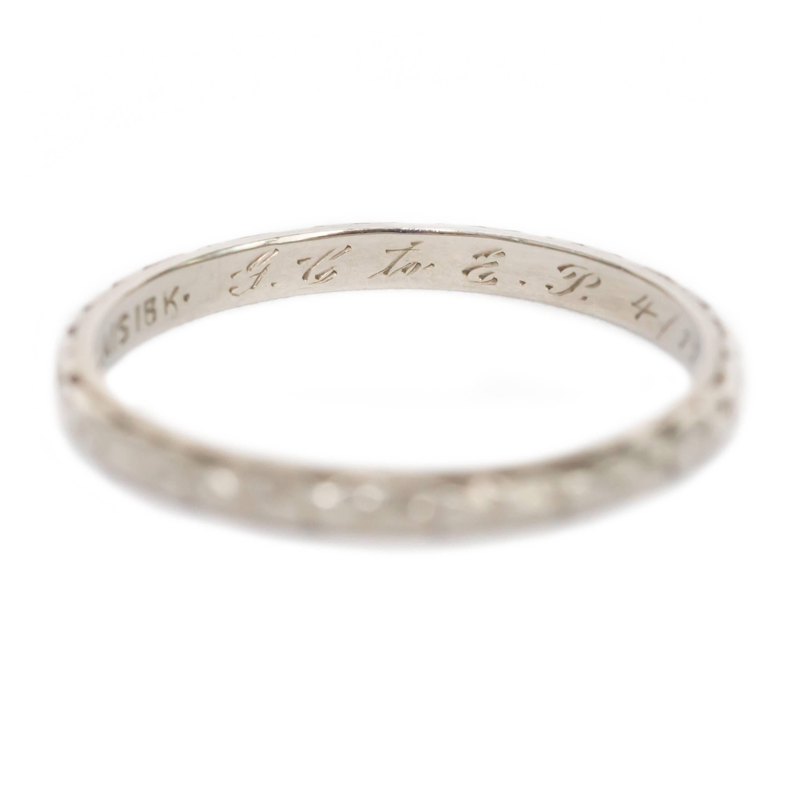 Item Details: 
Ring Size: 6.5
Metal Type: 18 Karat White Gold
Weight: 1.5 grams

Engraving: 