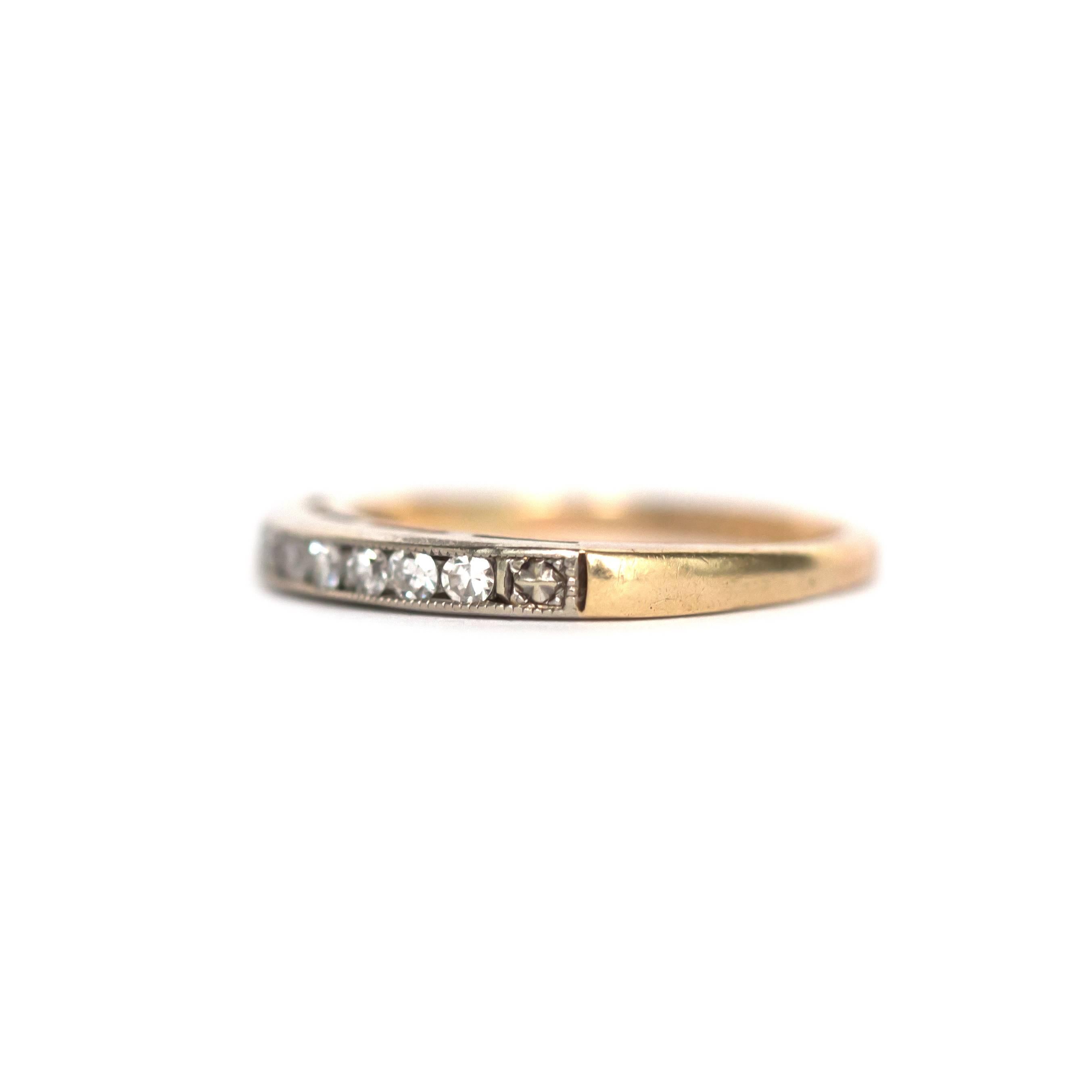 Item Details: 
Ring Size: 4.75
Metal Type: 14 Karat Yellow Gold, Platinum top
Weight: 1.9 grams

Side Stone Details: 
Shape: Antique Single Cut
Total Carat Weight: .20 carat, total weight
Color: F
Clarity: VS

Finger to Top of Stone Measurement: