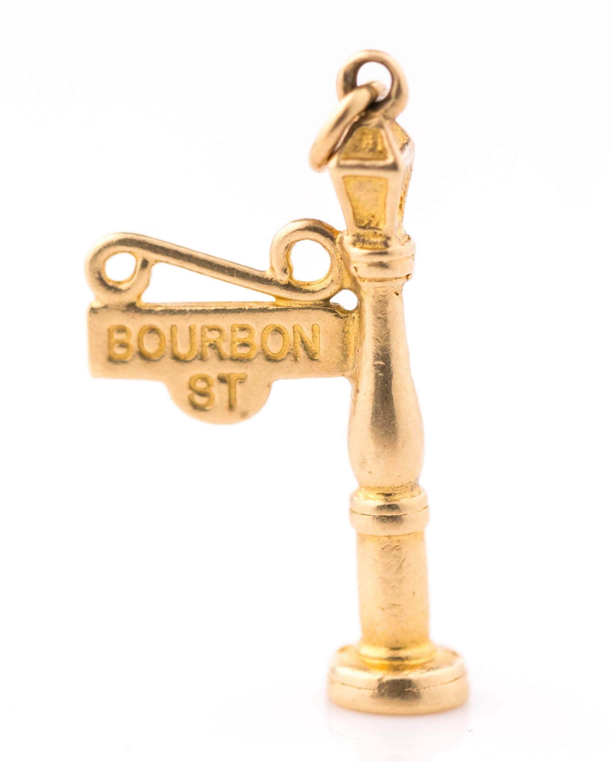 Retro 1950s Bourbon Street Sign 14 Karat Yellow Gold Charm Pendant