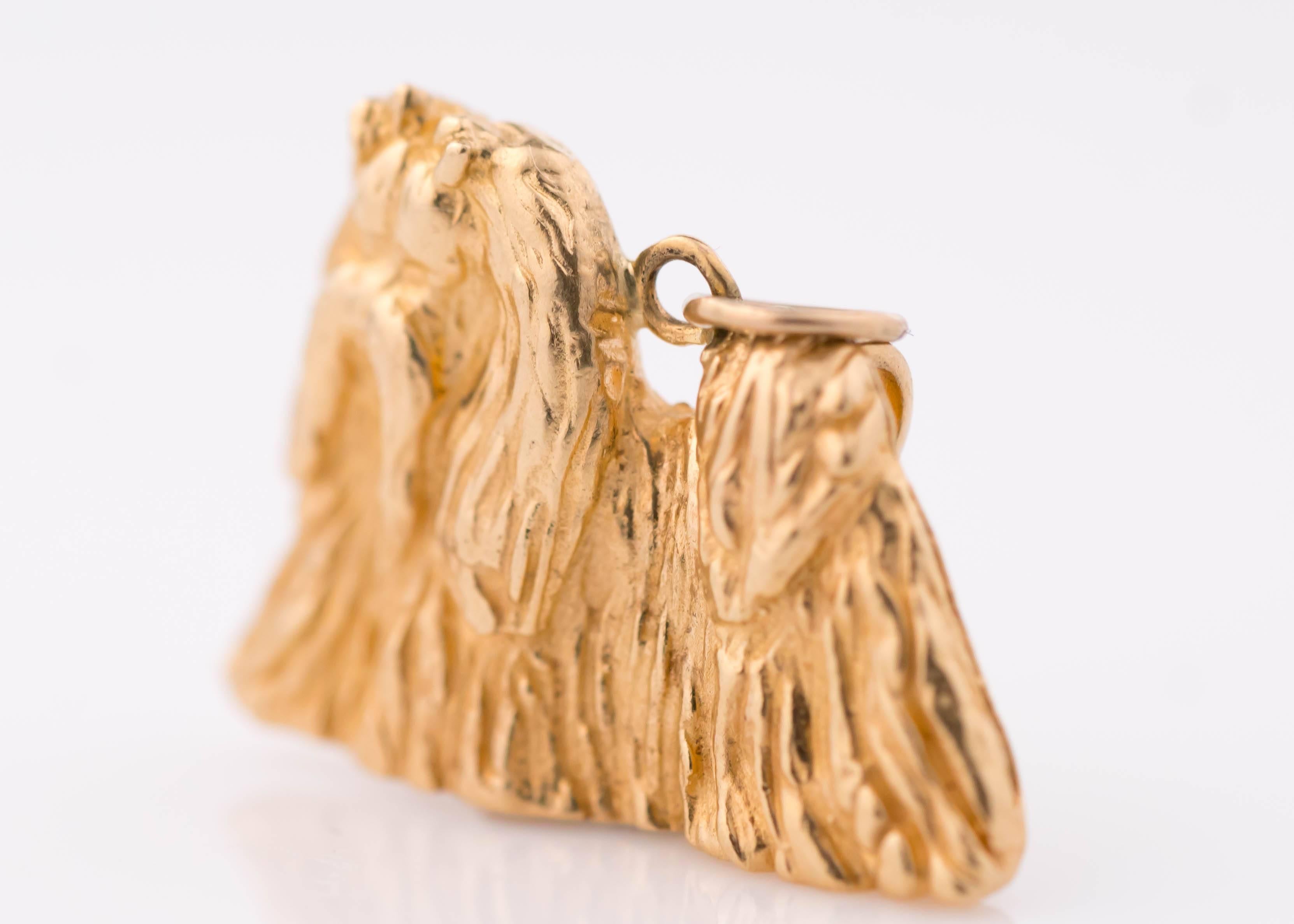 1980s Maltese or Yorkshire Terrier Dog Charm Pendant crafted in 14 Karat Yellow Gold

This Show Dog quality Dog Pendant is highly detailed. The 14K Gold is finely textured to show the long, silky, luxurious hair. The tail drapes gracefully over the