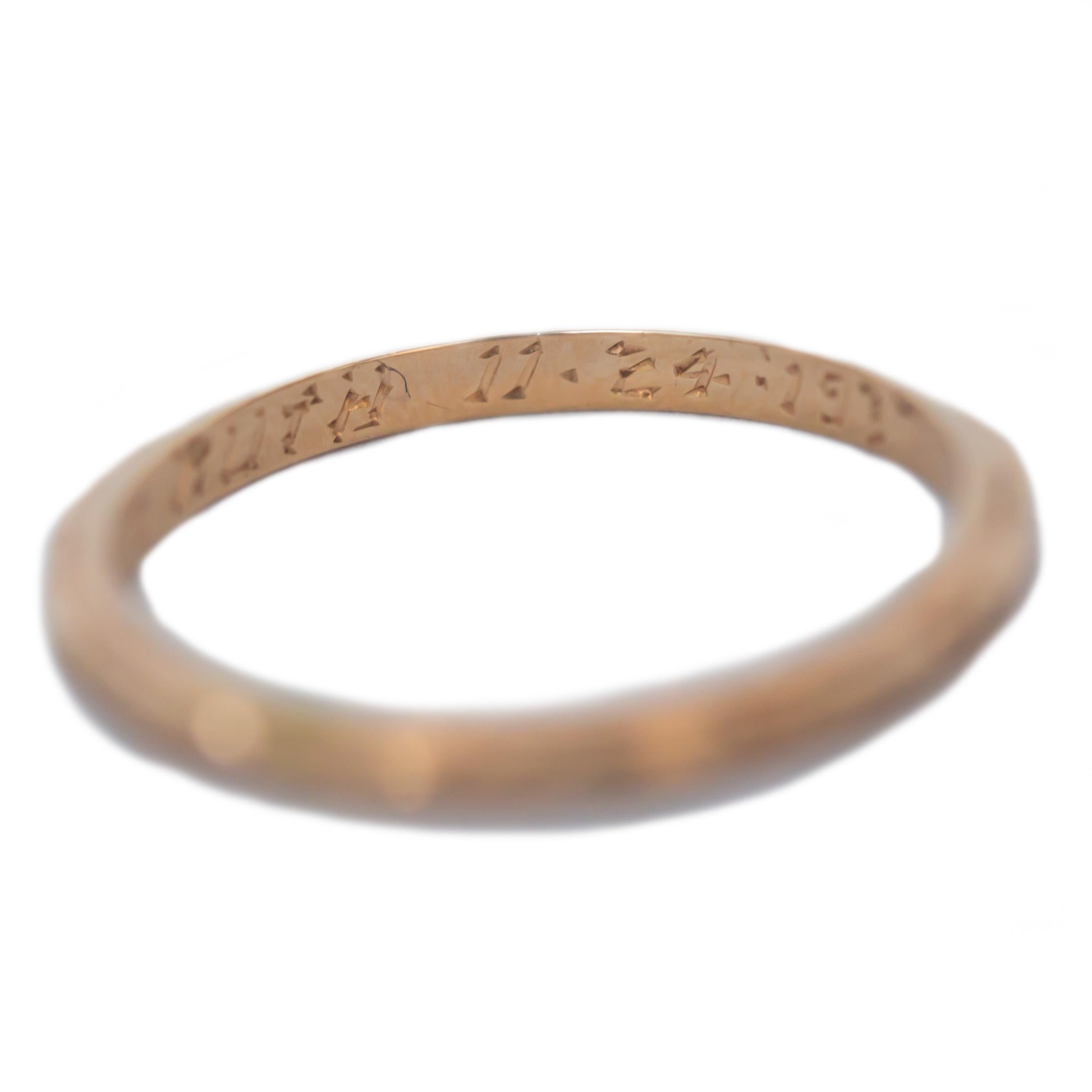 Ring Size: 4.95
Metal Type: 14 karat Rose Gold 
Weight: 1.3 grams

Finger to Top of Stone Measurement: 1.55mm
Width: 1.85mm
