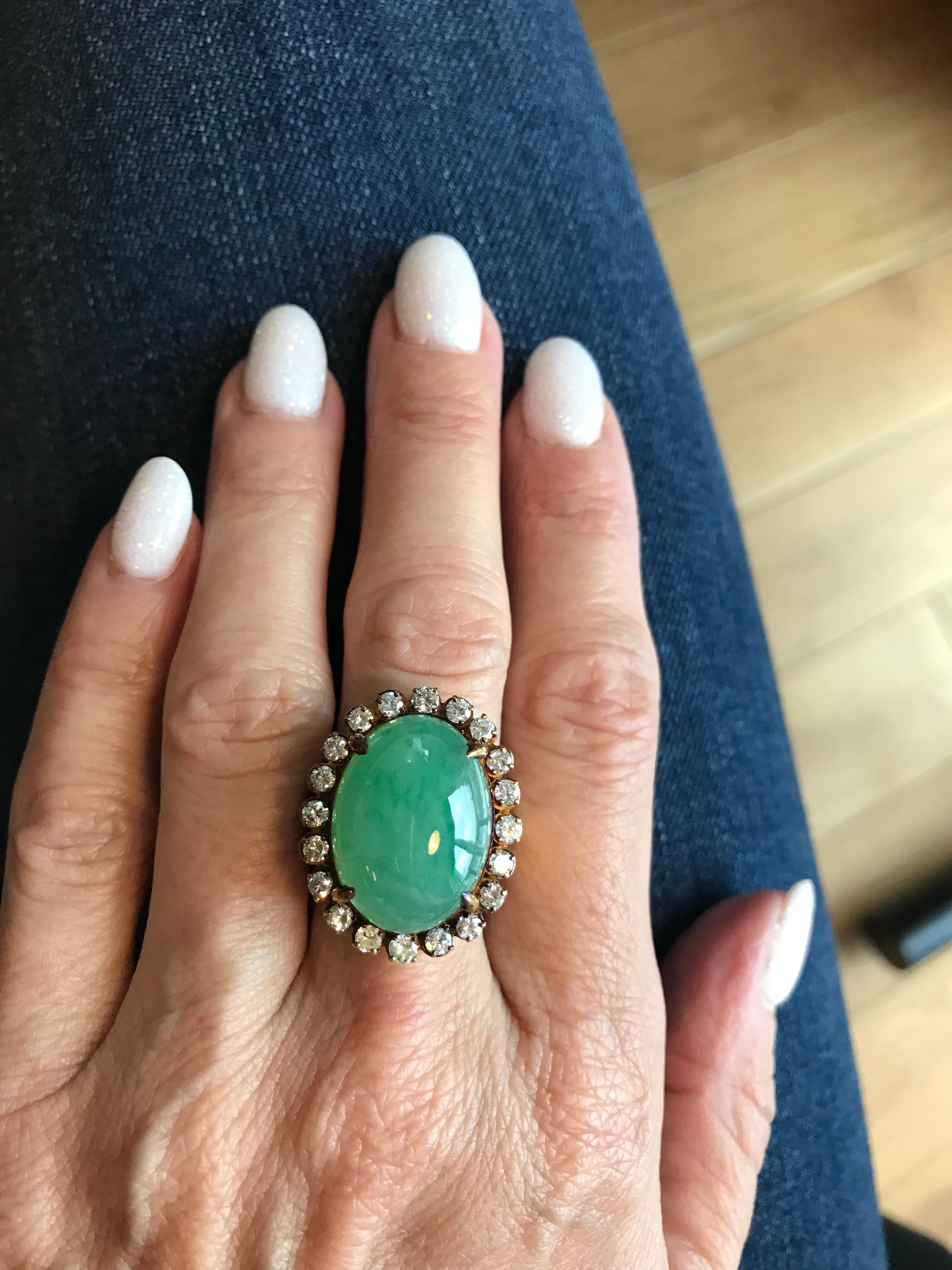 Oval Jade Cabochon Diamond Gold Ring For Sale 1
