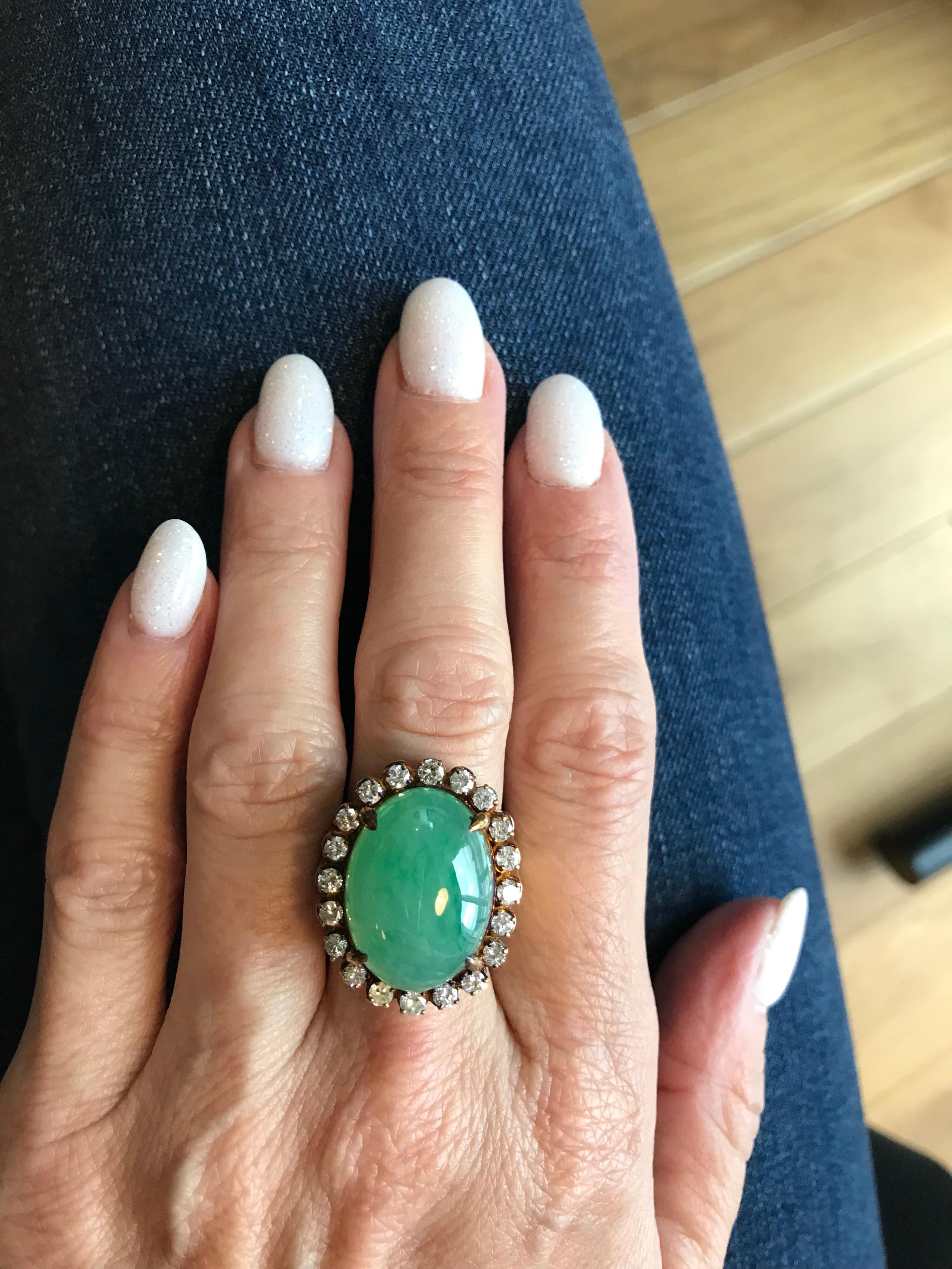 Oval Jade Cabochon Diamond Gold Ring For Sale 2