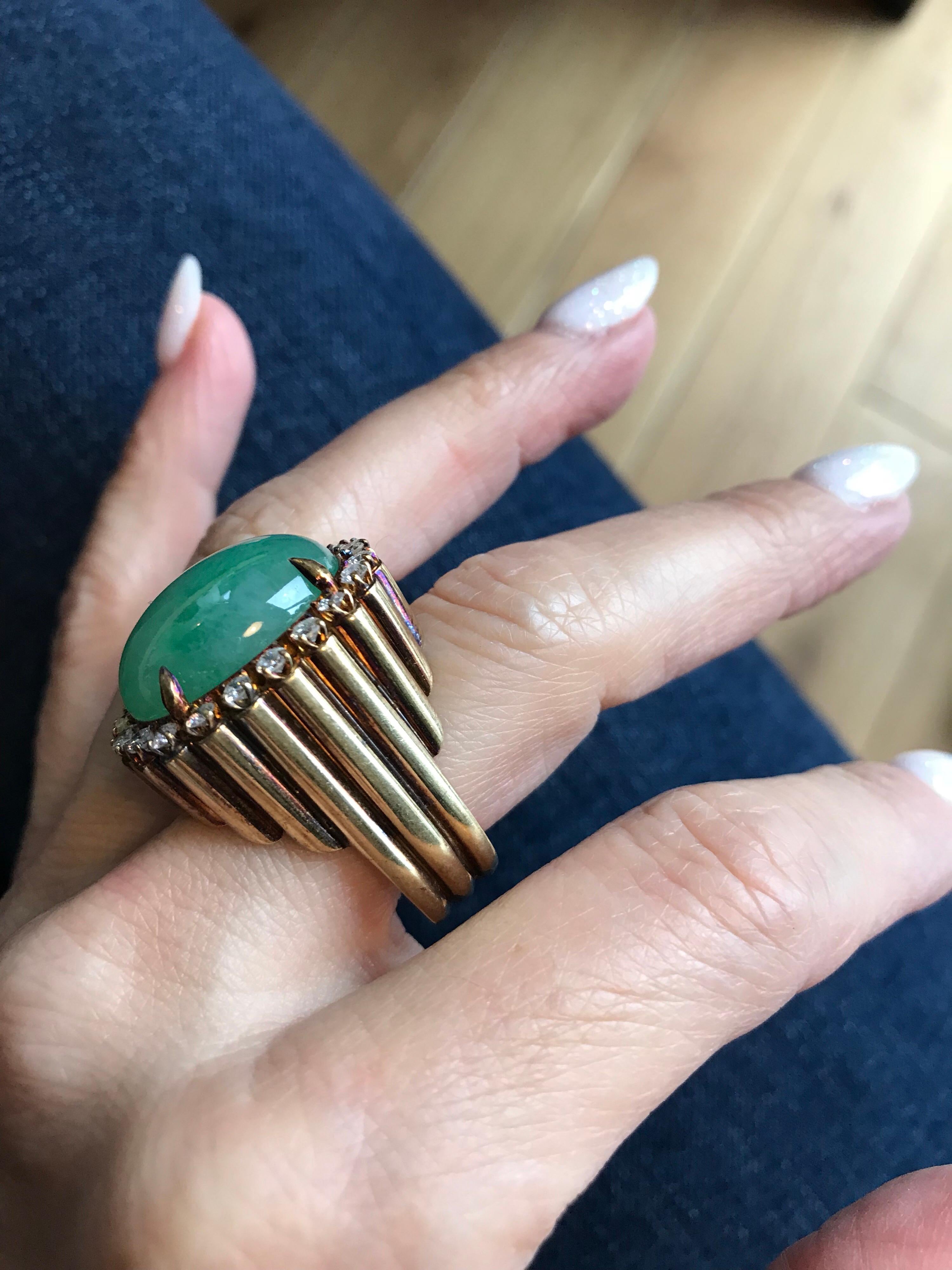 Oval Jade Cabochon Diamond Gold Ring For Sale 5