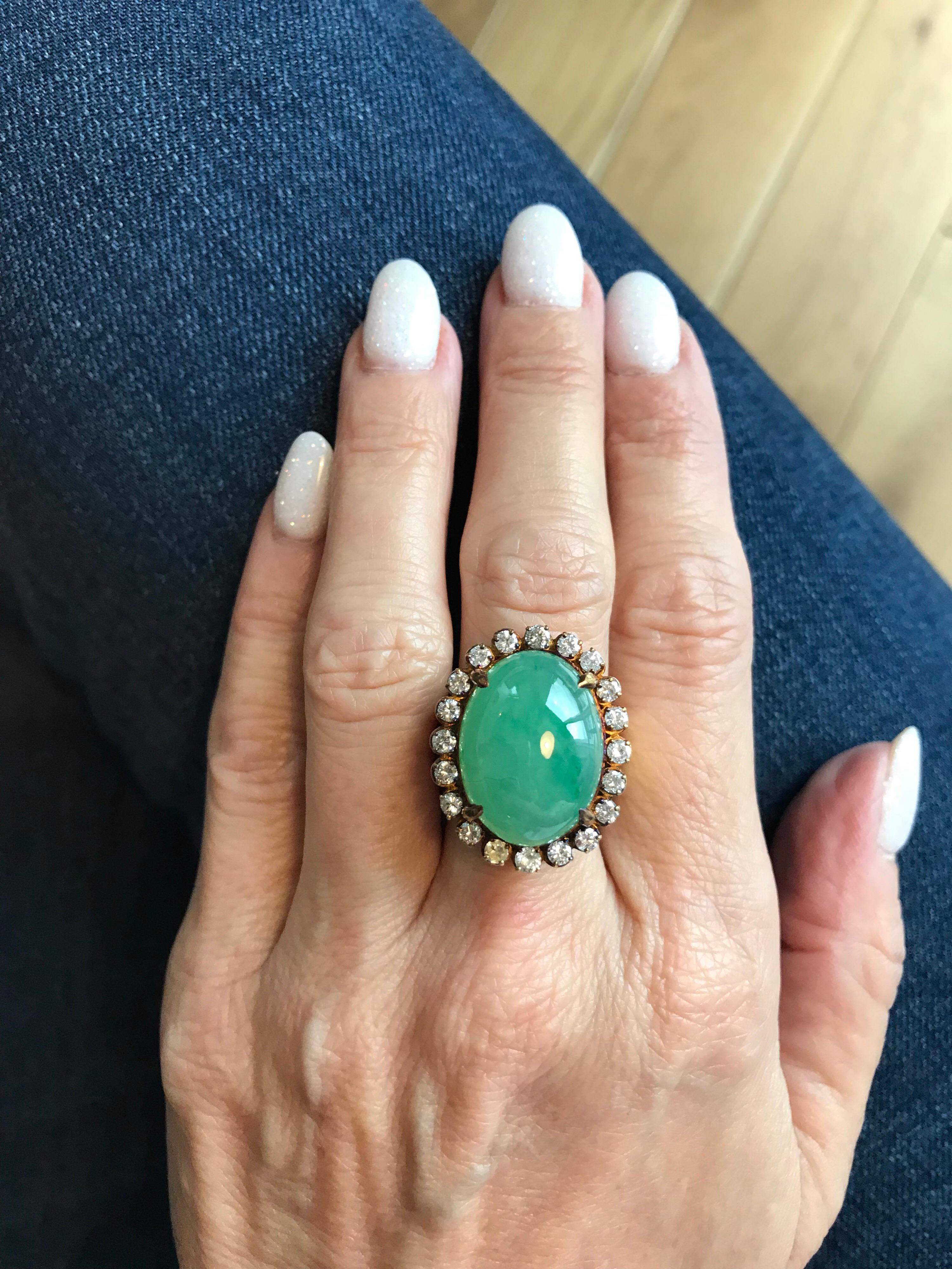 Oval Jade Cabochon Diamond Gold Ring For Sale 6