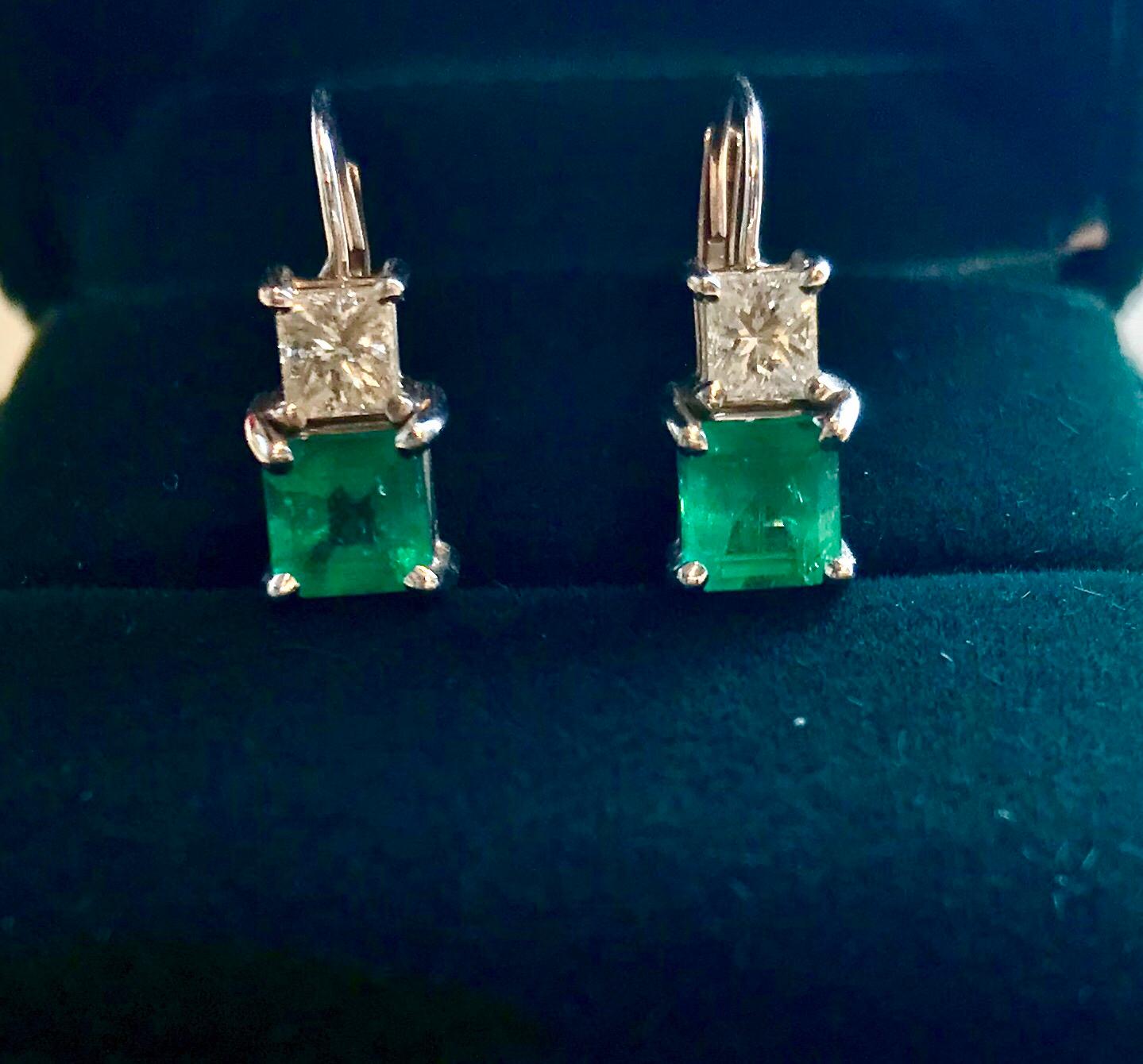 1.5 Carat Total Columbian Emerald, Diamond and 14 Karat White Gold Drop Earrings 1