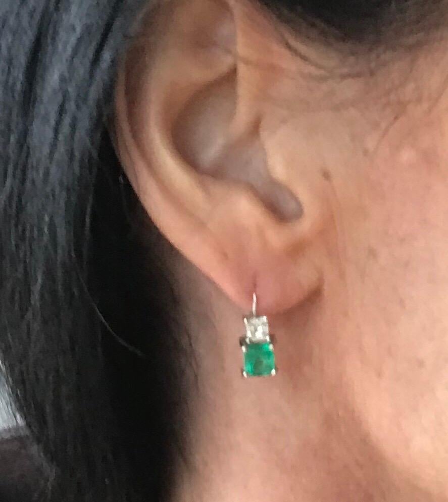 1.5 Carat Total Columbian Emerald, Diamond and 14 Karat White Gold Drop Earrings 2