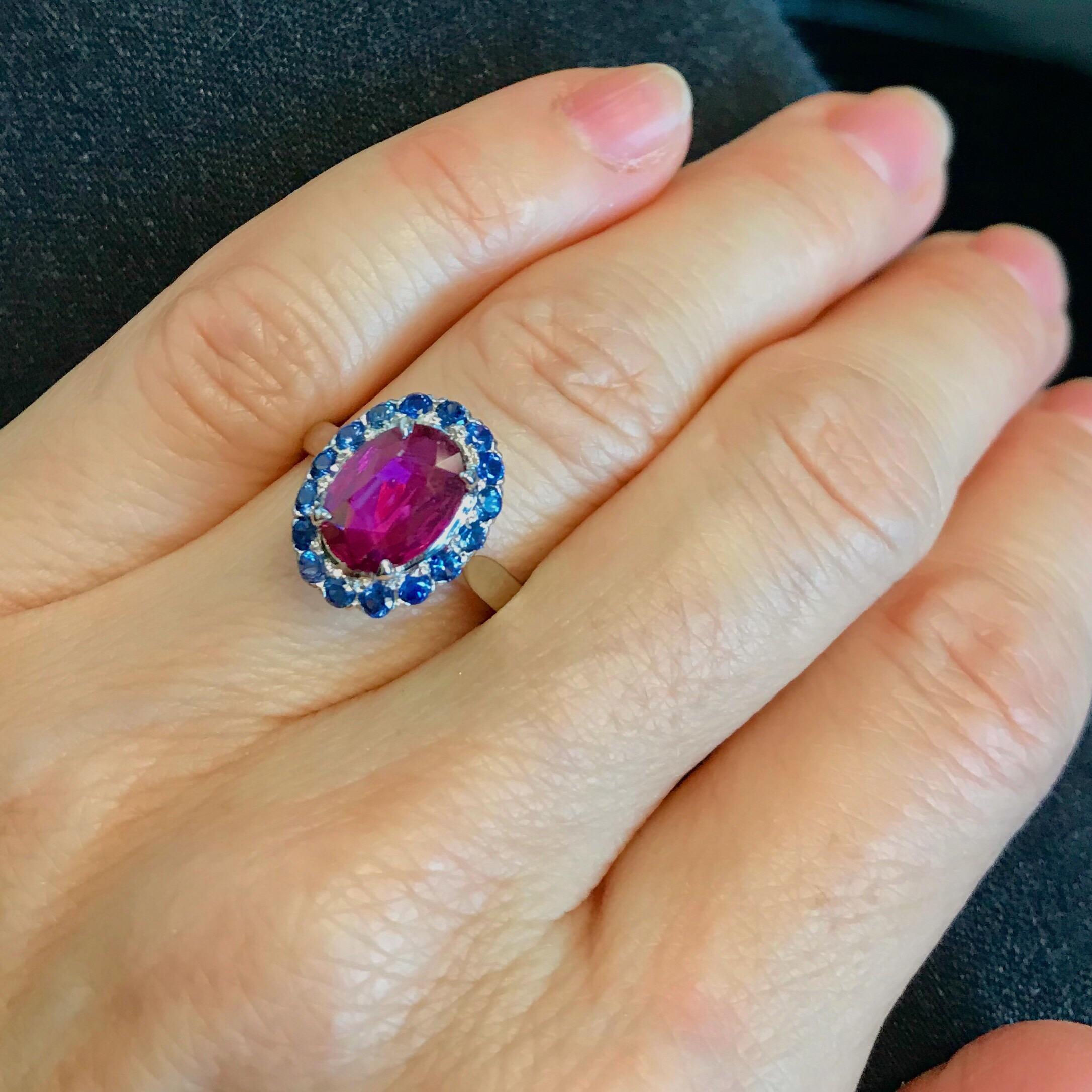 1950s 2 Carat Burma Ruby with Ceylon Sapphire Halo 14 Karat White Gold Ring In Good Condition In Atlanta, GA