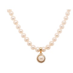 1990s 14k Yellow Gold Diamond Pearl Vintage Necklace - VHK#71