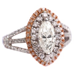 1 Carat Double Halo Marquise Diamond Engagement Ring, Two Tone Gold