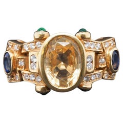 18K Yellow Gold Sapphire, Diamond and Emerald Cocktail Ring