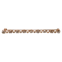 Circa 1900s 14K Yellow Gold Pearl & Old Miner Diamond Bar Pin - VHK#103