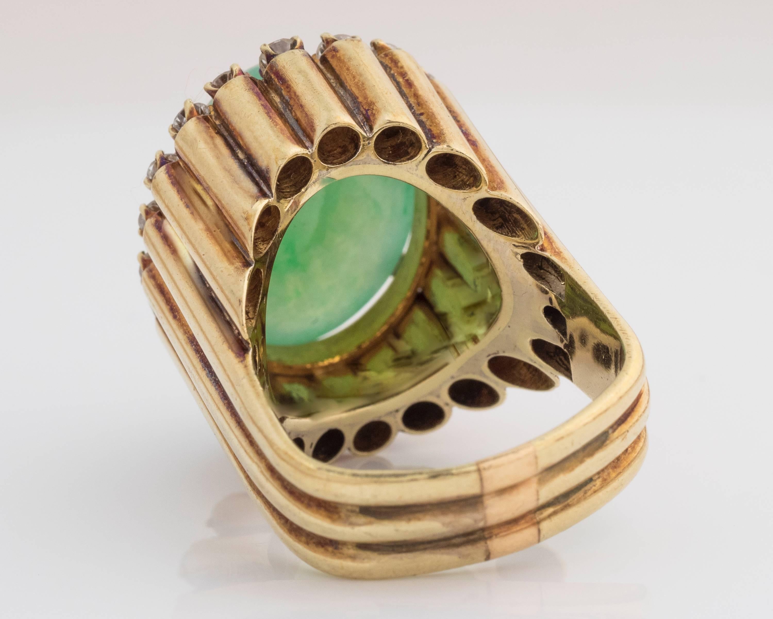 Retro Oval Jade Cabochon Diamond Gold Ring For Sale