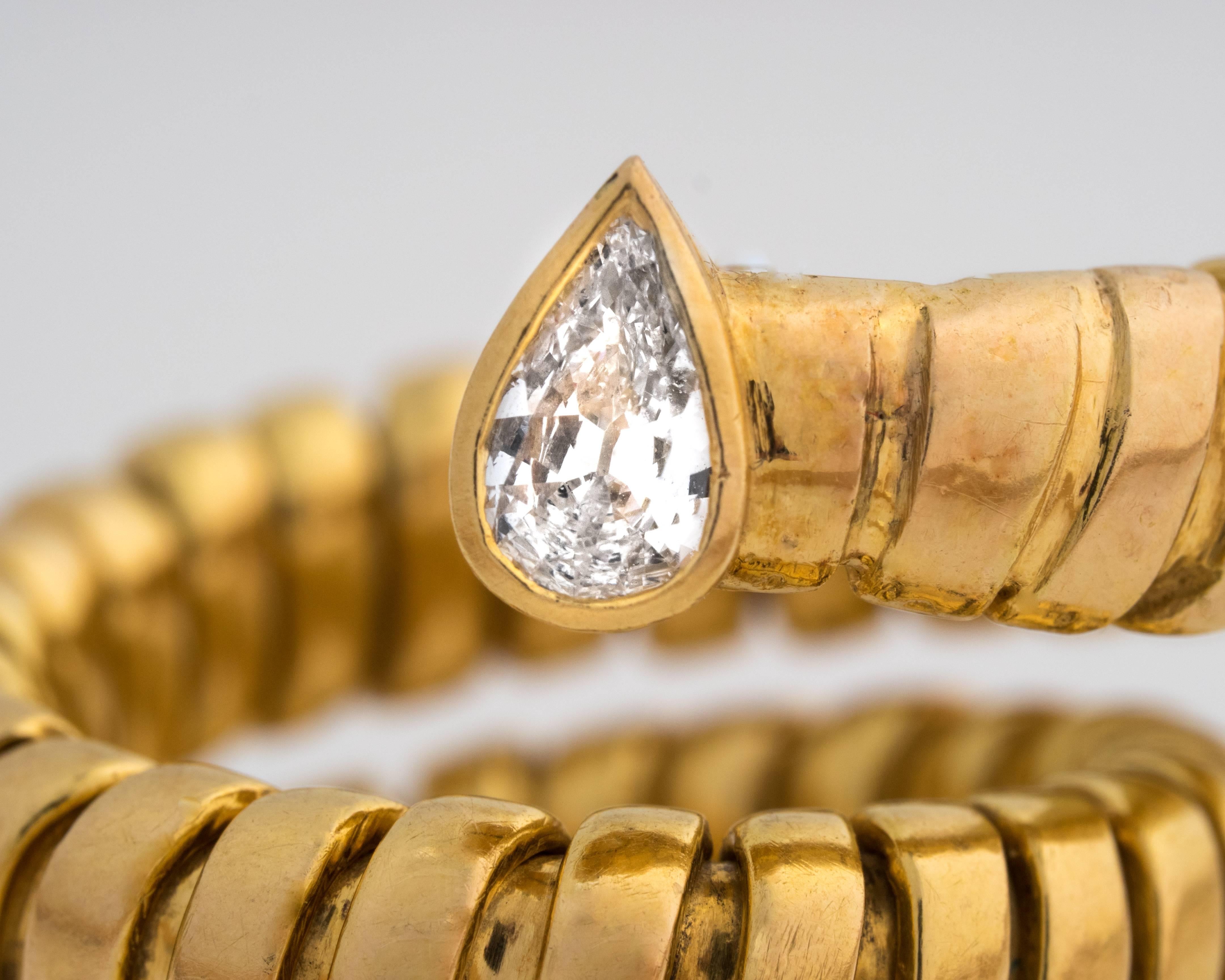 Retro 1950s Serpent Pear Shape Diamond Gold Tube Coil Ring
