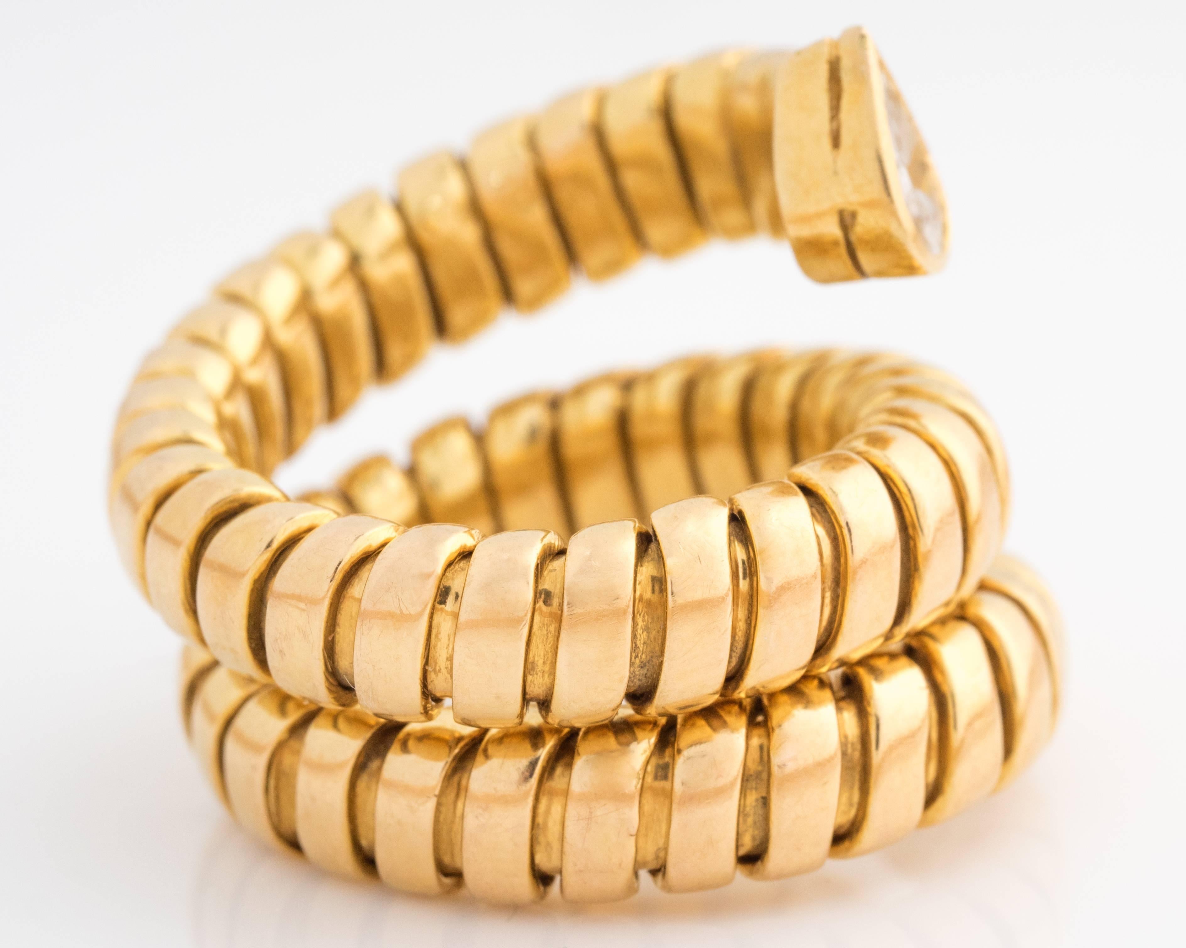 1950s Serpent Pear Shape Diamond Gold Tube Coil Ring 2