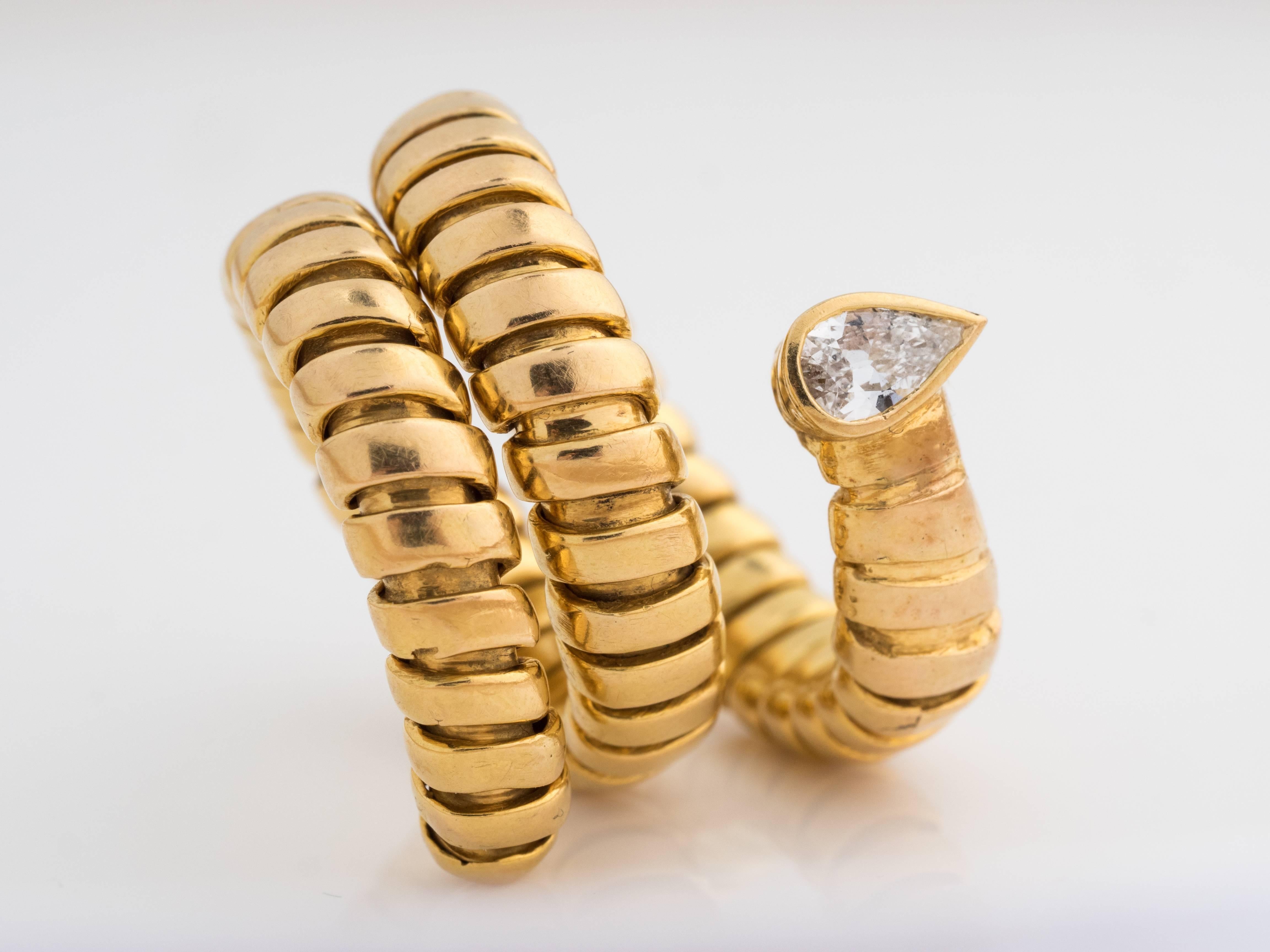 1950s Serpent Pear Shape Diamond Gold Tube Coil Ring 1