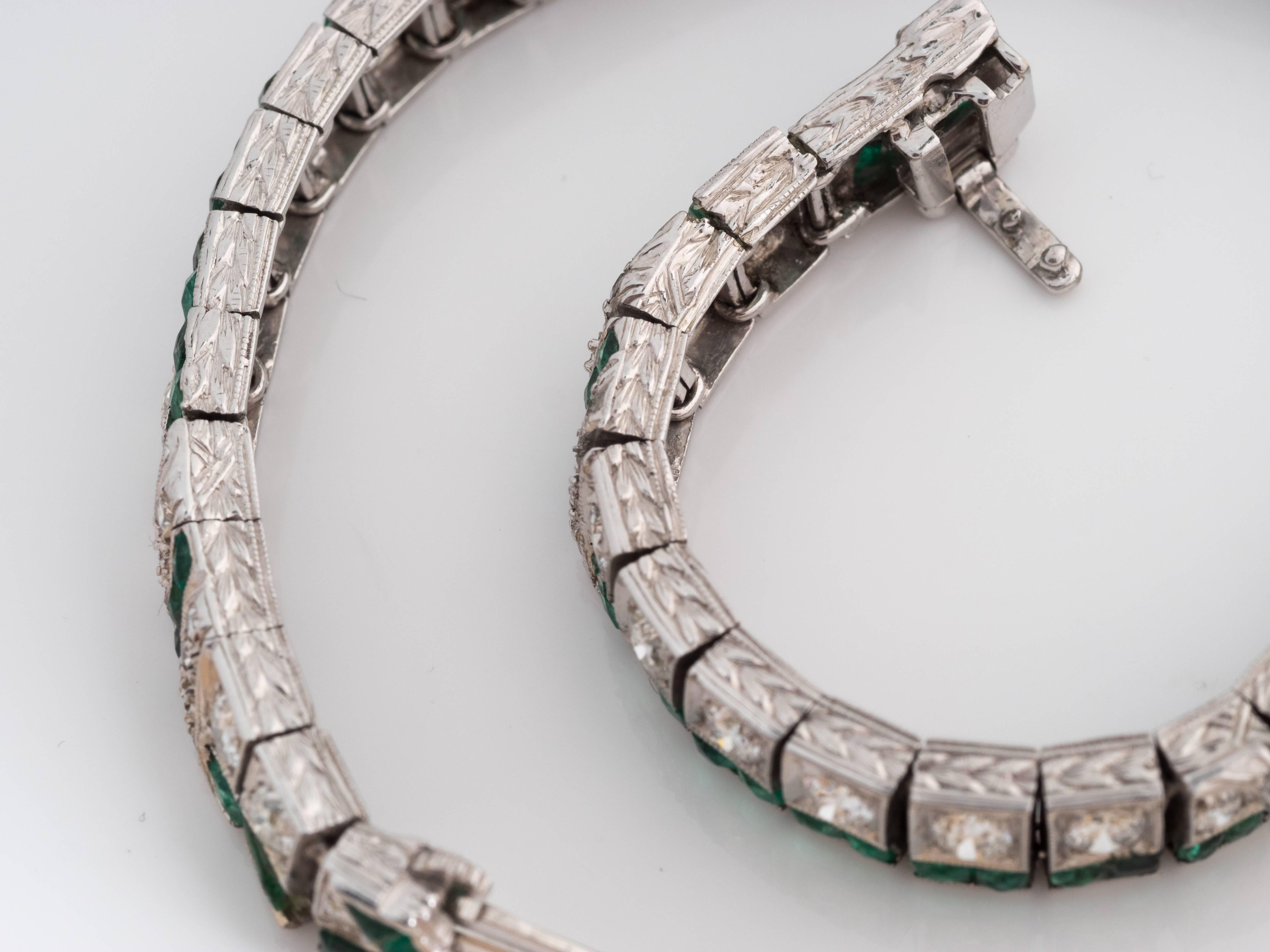 Emerald Cut Circa 1920s Art Deco 3 Carat Emerald and 5.2 Carat Diamond Platinum Bracelet For Sale