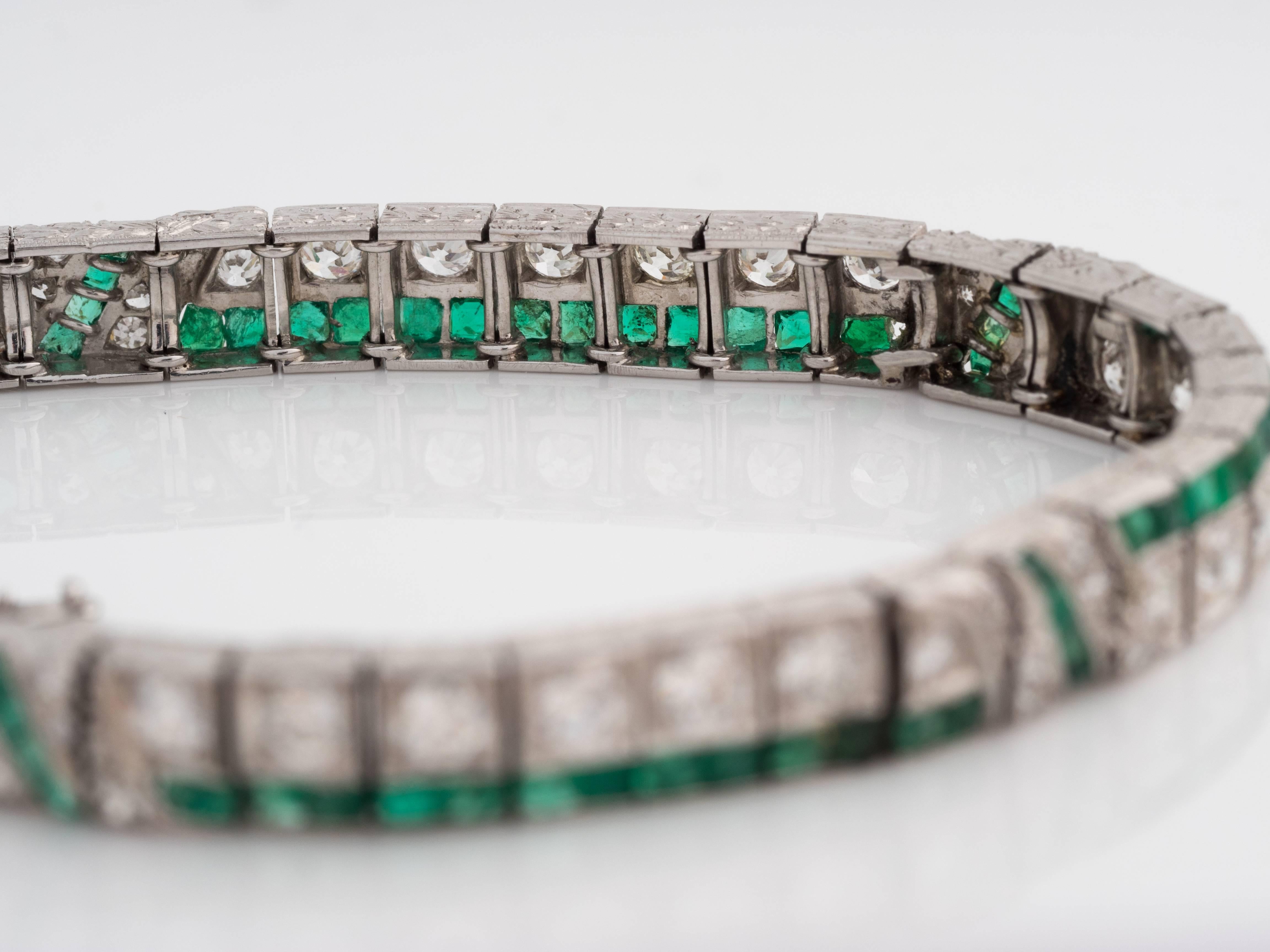 Circa 1920s Art Deco 3 Carat Emerald and 5.2 Carat Diamond Platinum Bracelet In Good Condition For Sale In Atlanta, GA