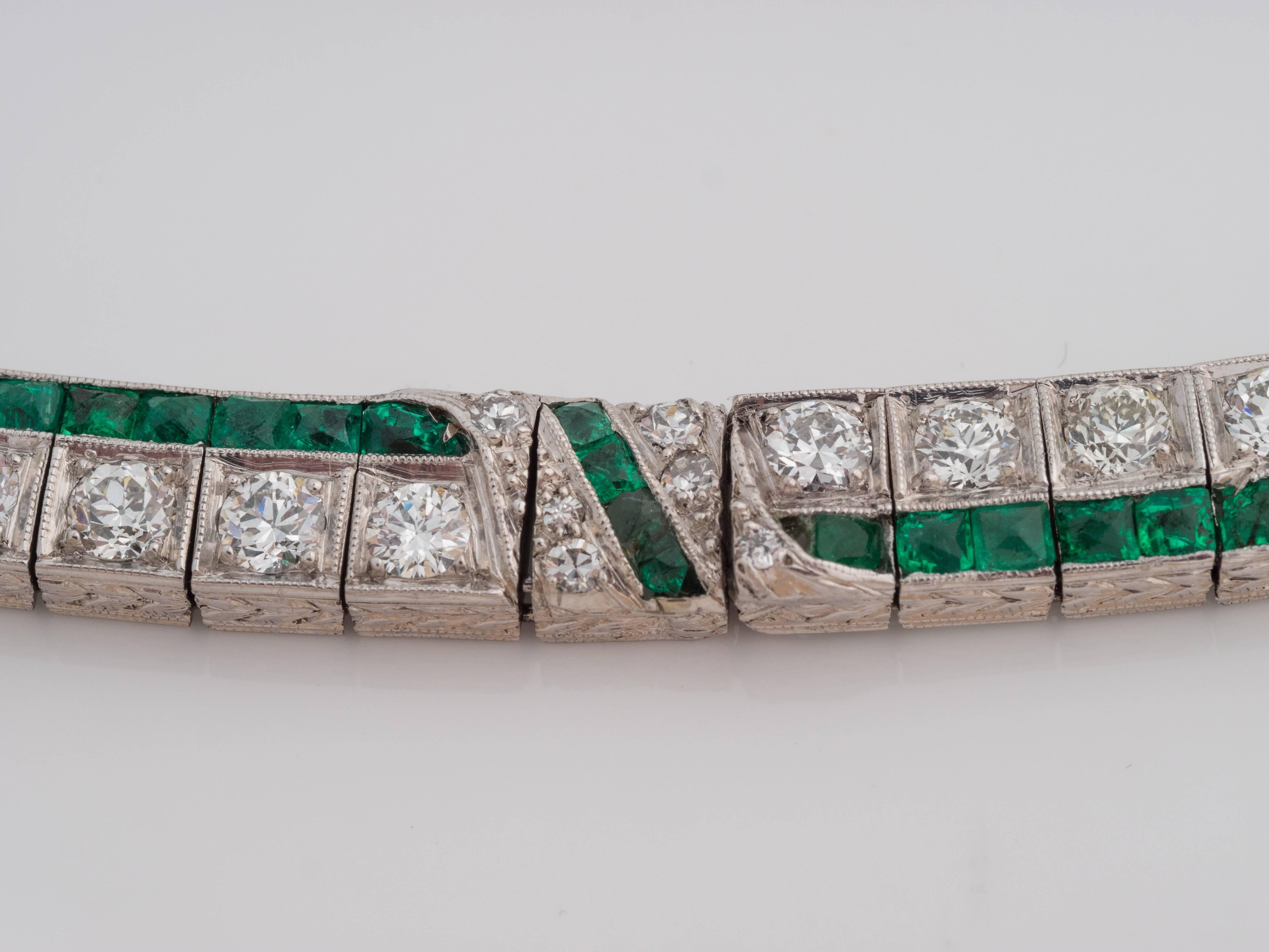 Women's or Men's Circa 1920s Art Deco 3 Carat Emerald and 5.2 Carat Diamond Platinum Bracelet For Sale