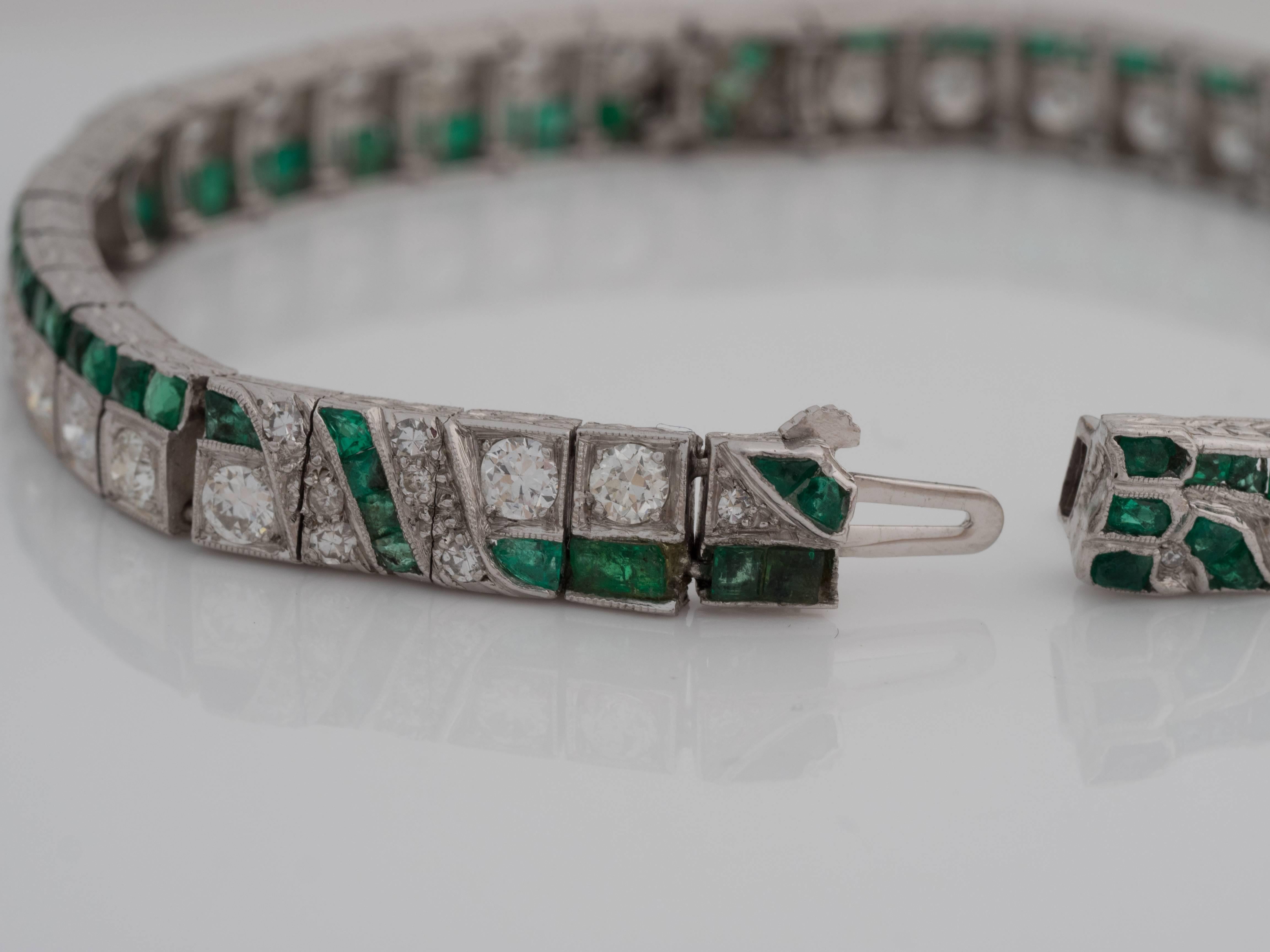 Circa 1920s Art Deco 3 Carat Emerald and 5.2 Carat Diamond Platinum Bracelet For Sale 4