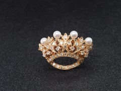 1950s 18k Yellow Gold Crown Diamond and Pearl Brooch - VHK#216