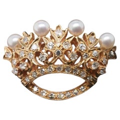 1950s 18k Yellow Gold Crown Diamond and Pearl Brooch - VHK#216