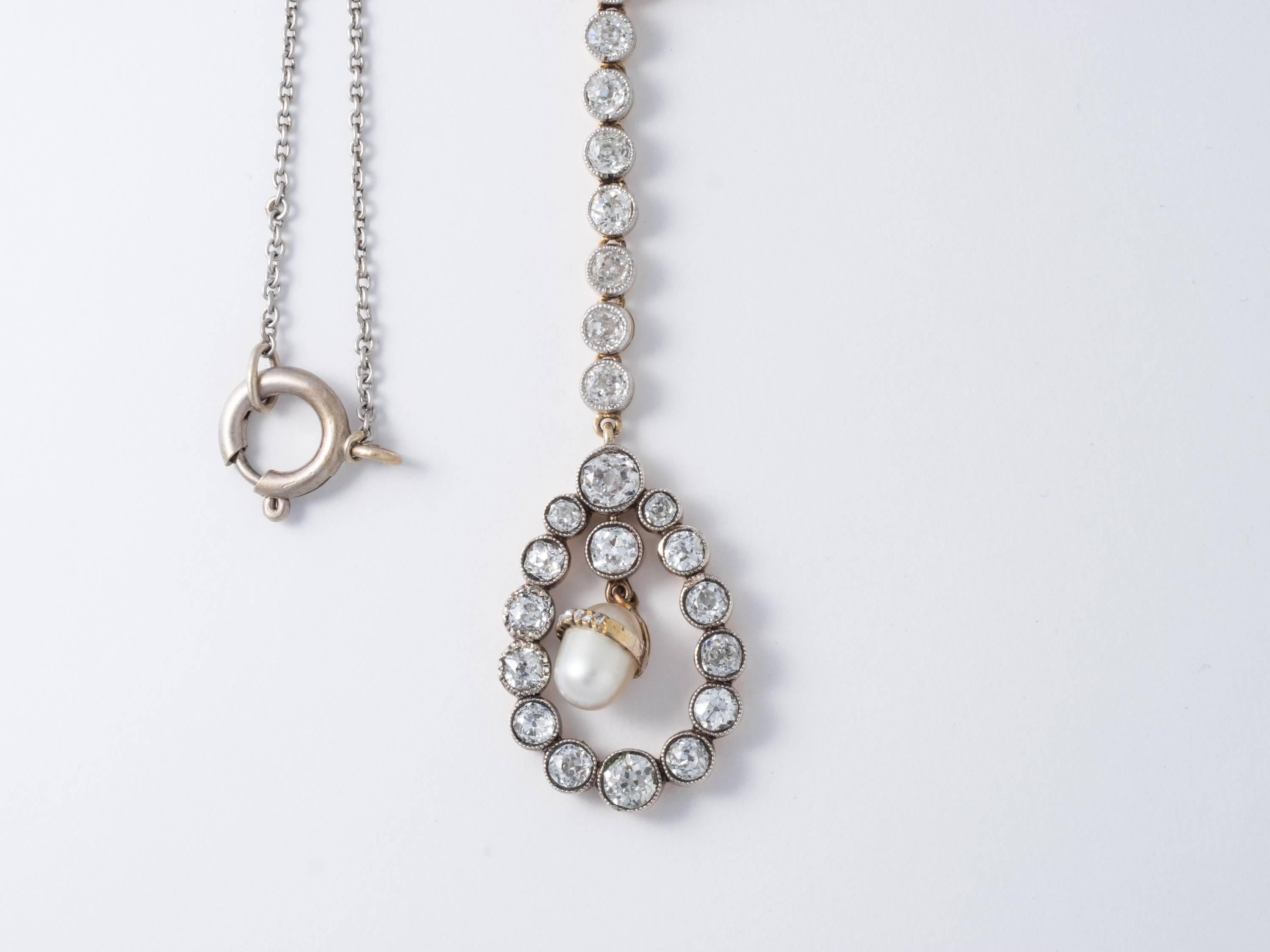 Rose Cut 1920s 4 Carat Diamond and Pearl 14 Karat Two Tone Gold Drop Necklace For Sale