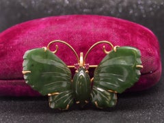 14k Yellow Gold Vintage Jade and Ruby Butterfly Brooch - VHK#224
