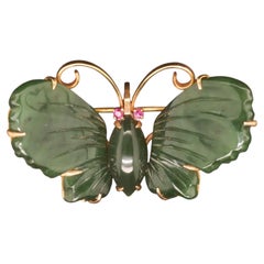 14k Yellow Gold Vintage Jade and Ruby Butterfly Brooch - VHK#224