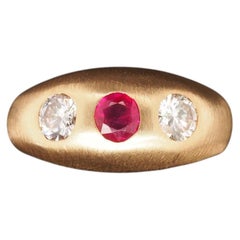 14k Yellow Gold Ruby and Diamond Three Stone Ring, Circa 1940s - VHK#226