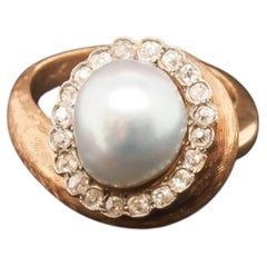 1960s Freeform Pearl and Old Mine Cut Diamond Halo Ring - VHK#236