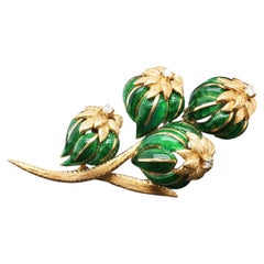 18k Yellow Gold Green Enamel and Diamond Flower Brooch - VHK#249