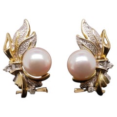 14k Yellow Gold Two Tone Pearl and Diamond Earrings - VHK#257