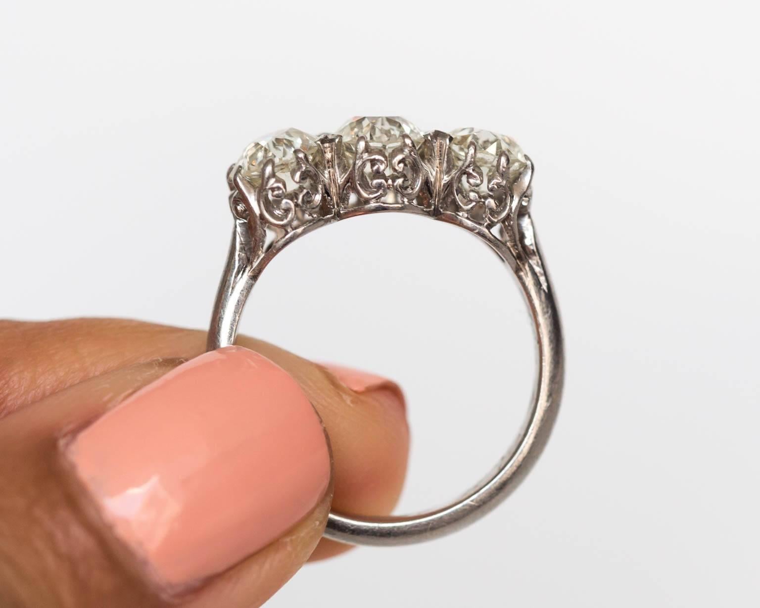 Women's or Men's Circa 1913 Old European Cut Diamond Platinum 3 Stone Engagement Ring