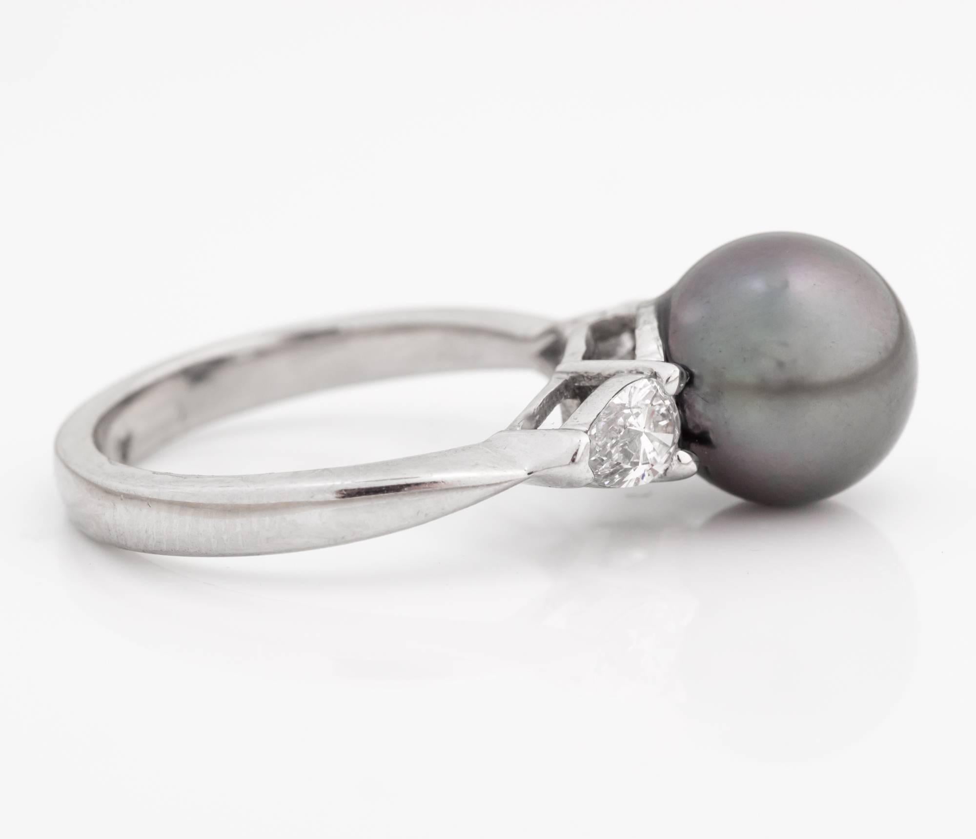 1970s Tahitian South Sea Black Pearl and .5 Carat Pear Shape Diamond Gold Ring For Sale 1