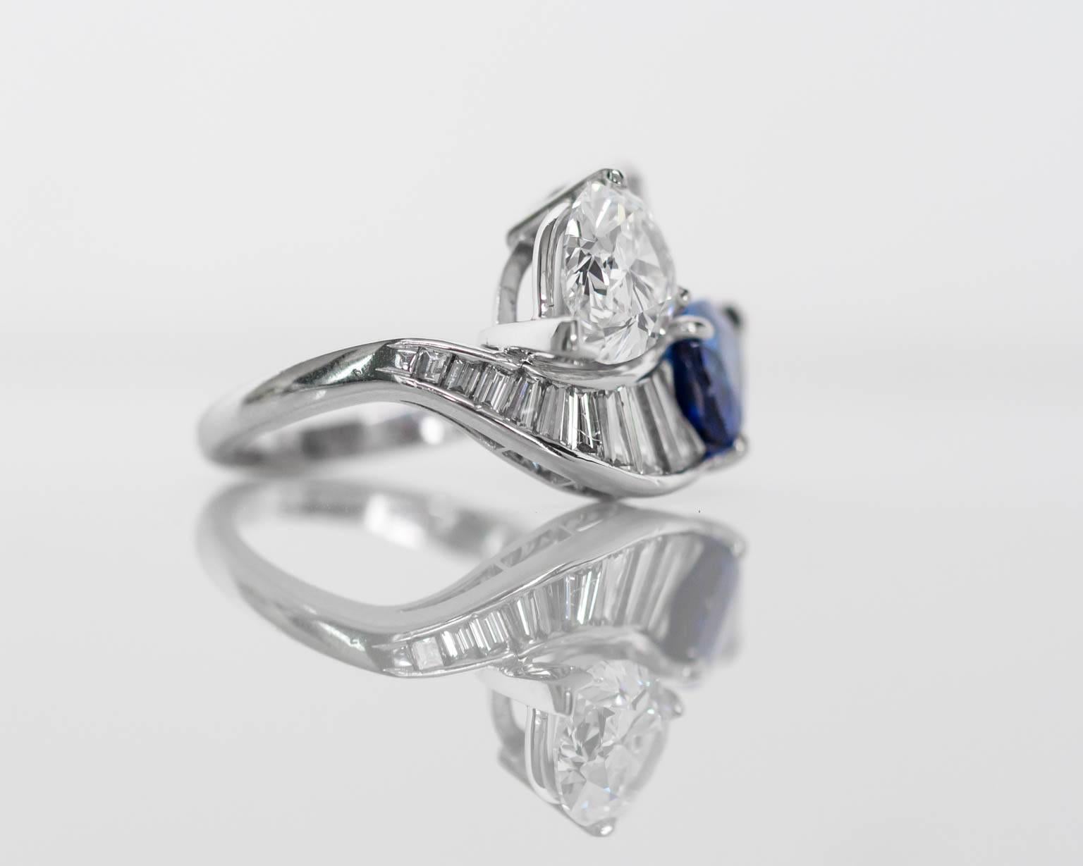 Art Deco 1950s Crossover Pear Shape Diamond Sapphire Platinum Ring