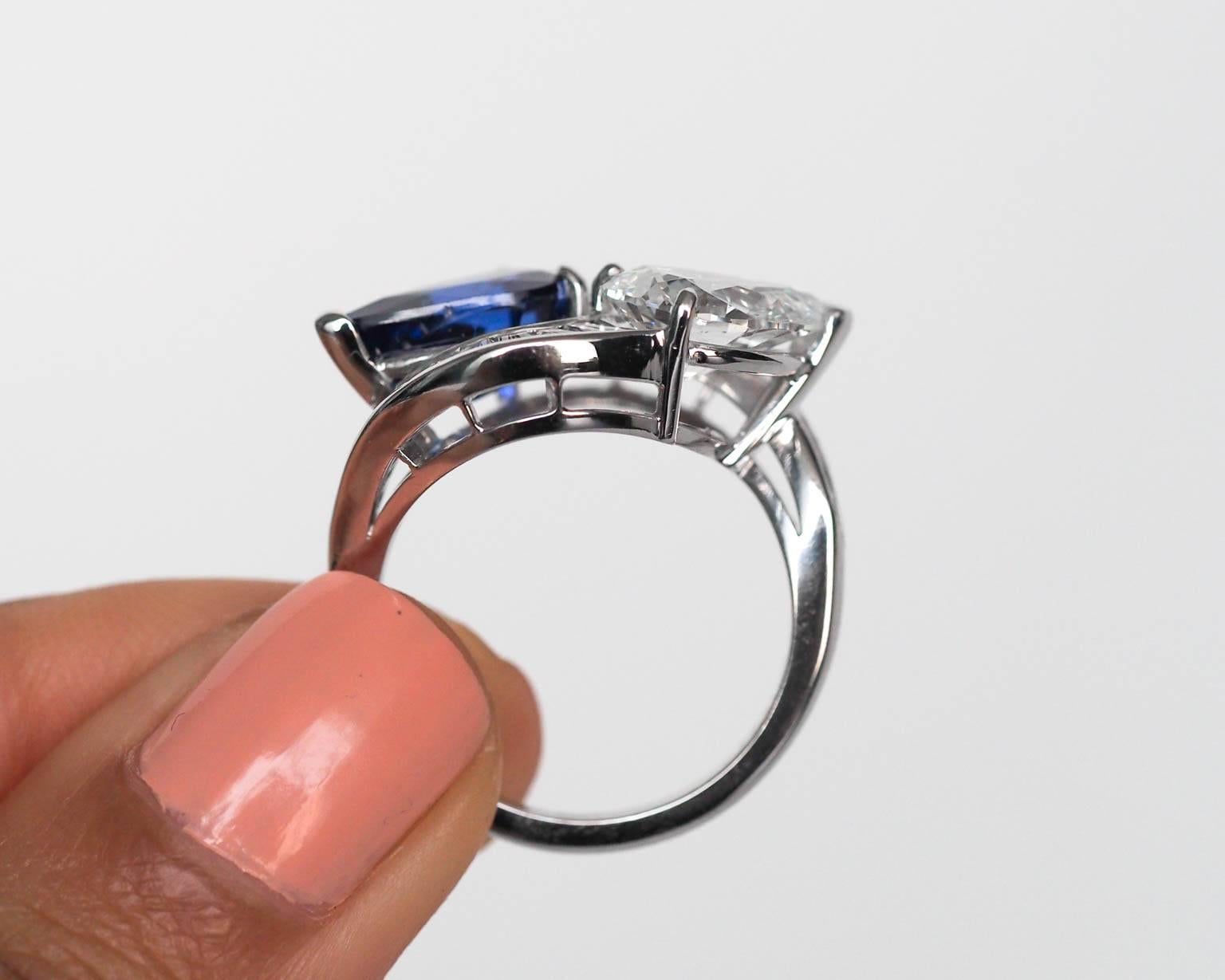 1950s Crossover Pear Shape Diamond Sapphire Platinum Ring 2